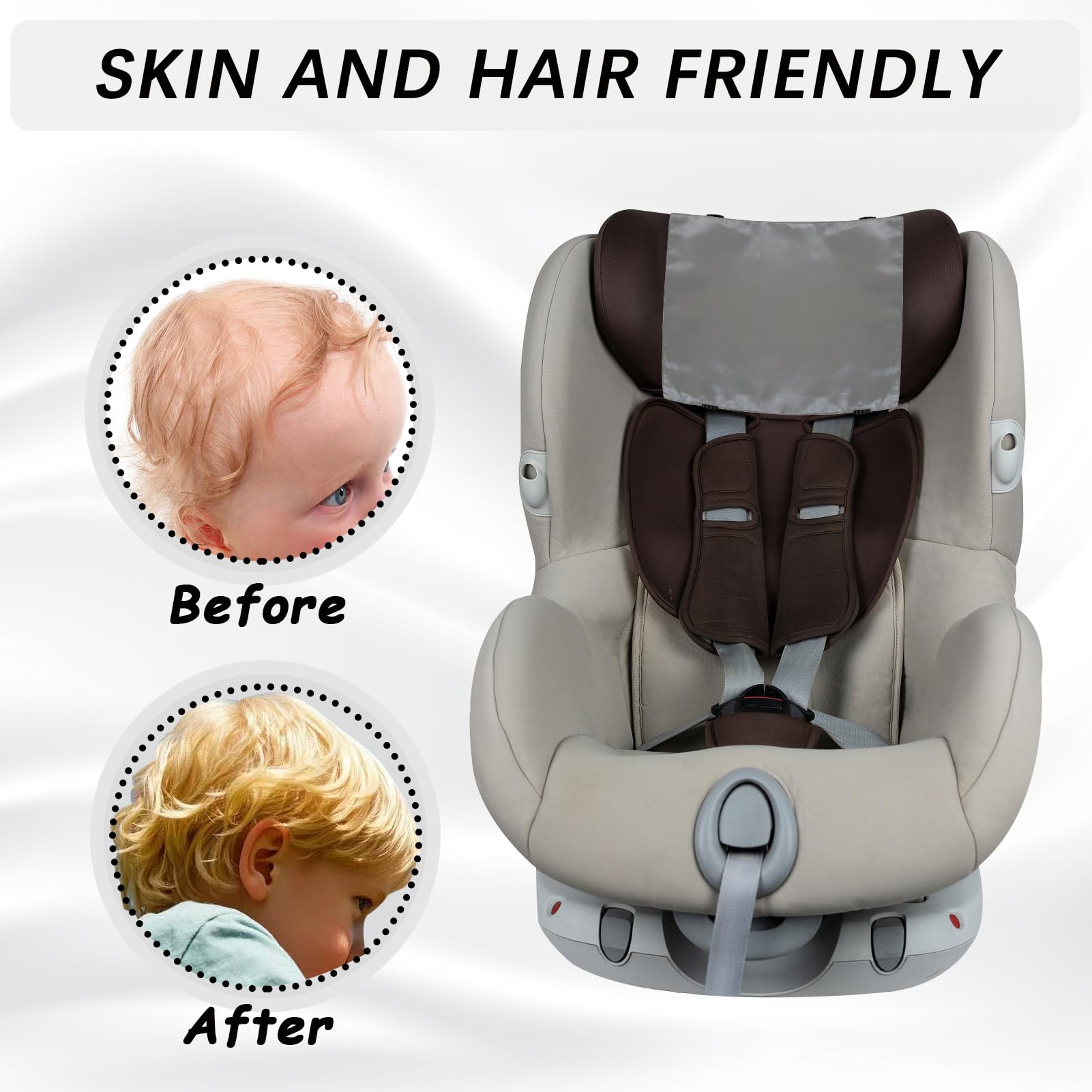 Satin-Autositz-Kopfstützenbezug für Babys, weiches Seidengefühl, Kopfstützenbezug für Haarschutz, Satin, Haarschutz für Babyschale, 2 Stück (schwarz + grau)