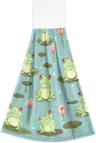 Miniatura 7 de CHIFIGNO Funny Frogs Flowers - Toallas de mano para colgar en la cocina, 2 paños suaves de coral con lazo, toallas faciales superabsorbentes para