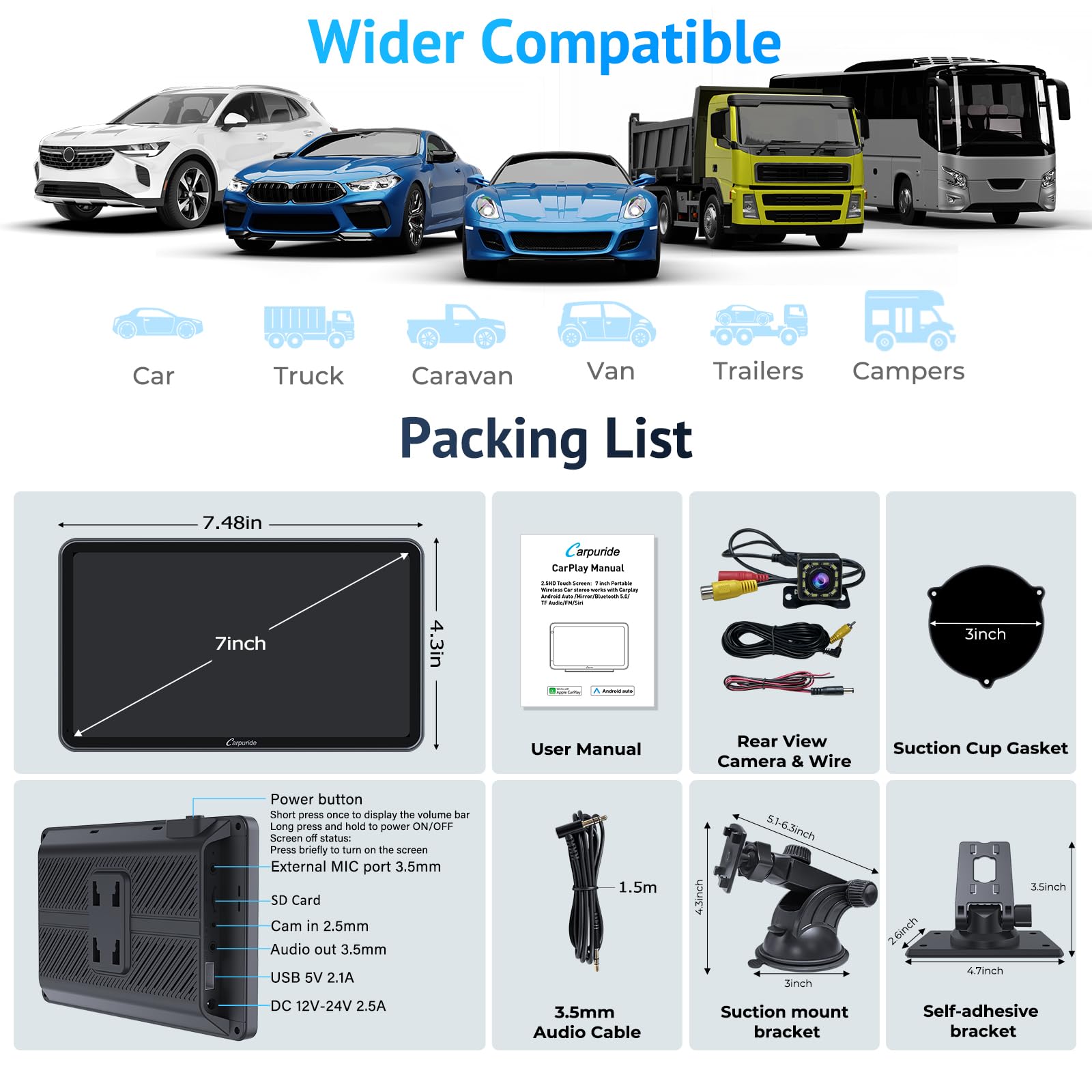 CARPURIDE 7” CarPlay Inalámbrico/Cableado, Android Auto y Mirror Link | Reproductor de Coche con Cámara de Visión Trasera, Bluetooth 5.0/GPS/FM/Mirror Link/Siri, Montado en el Tablero