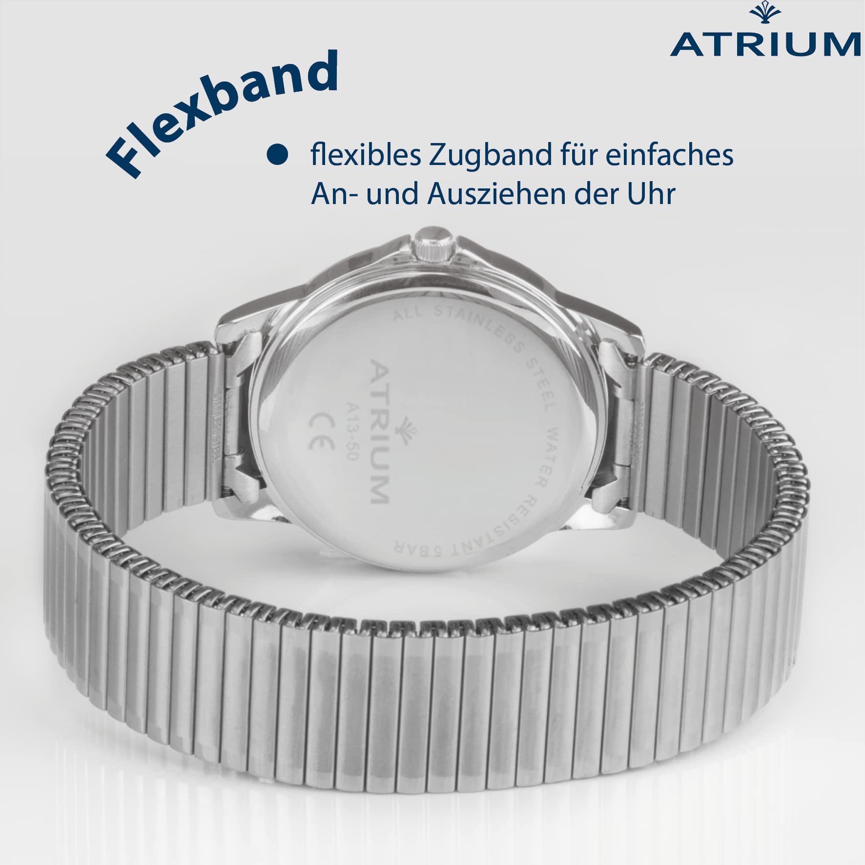 Atrium Damen-Armbanduhr Analog Quarz Edelstahl 5 bar Leuchtzeiger Flexband Silber A13-50