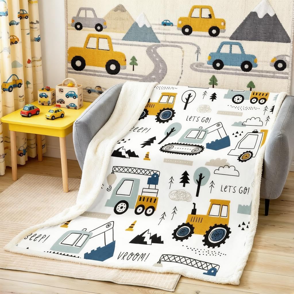 Loussiesd Cartoon Car Kids Throw Blanket Construction Sherpa Blanket Decor Equipment Trucks Plush Blanket Excavator Tractor White Blanket King 87"x94"