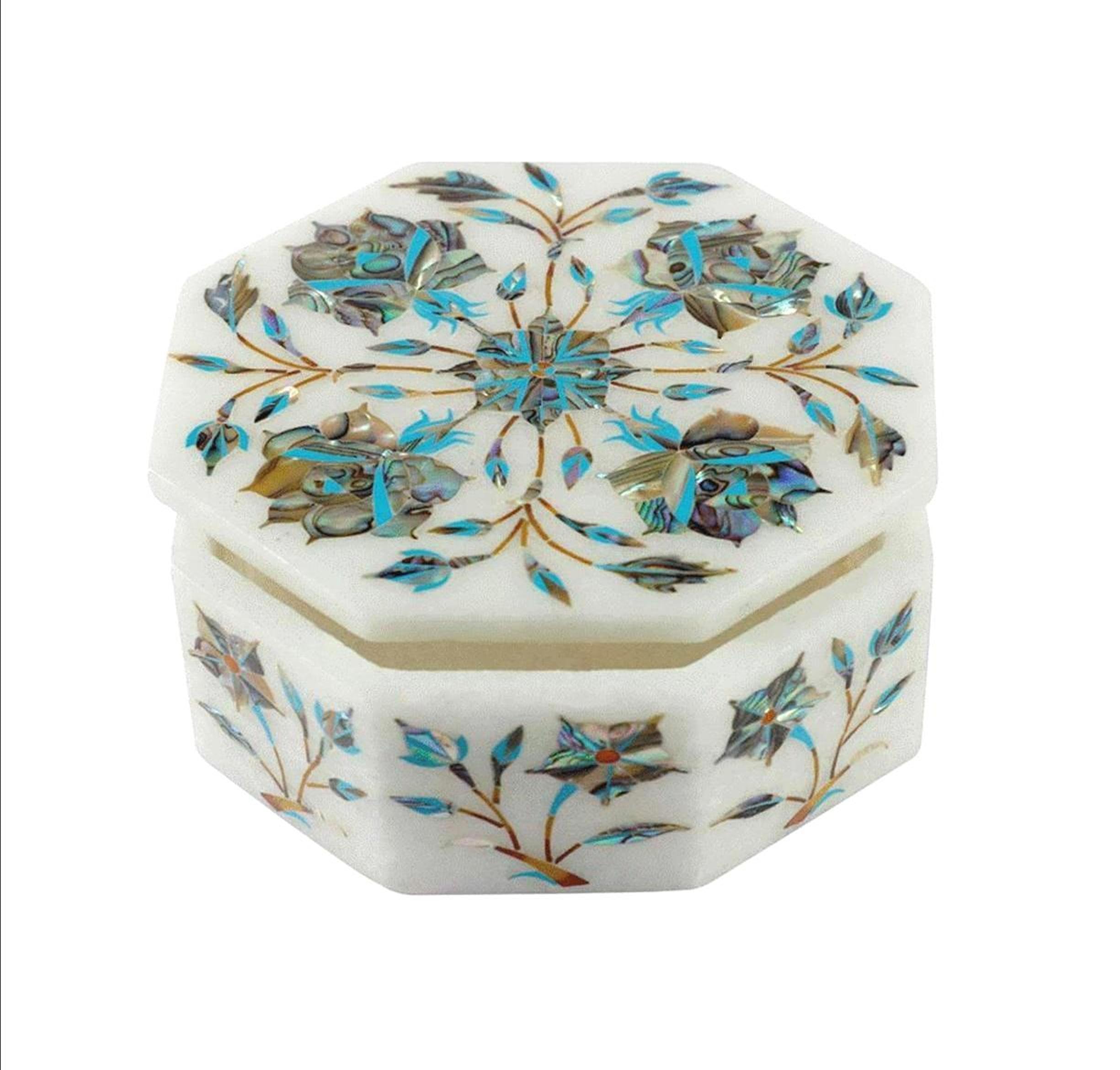 Boîte à bijoux en marbre blanc 10x10 cm incrustation turquoise et nacre