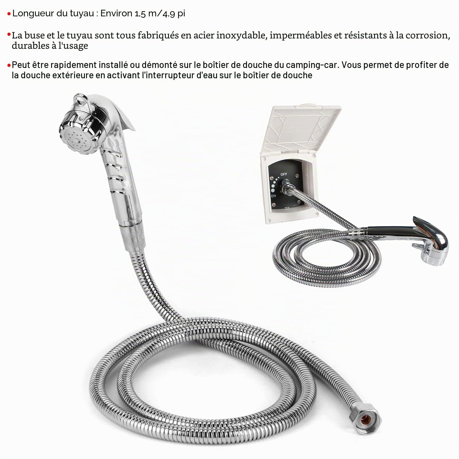 Kit de Tuyau de Pomme de Douche en Acier Inoxydable pour Camping-car, Alimentation en Eau Extérieure avec Tuyau de 1,5 M pour Camping-cars, Camping-cars, Yachts, Taille Compacte,