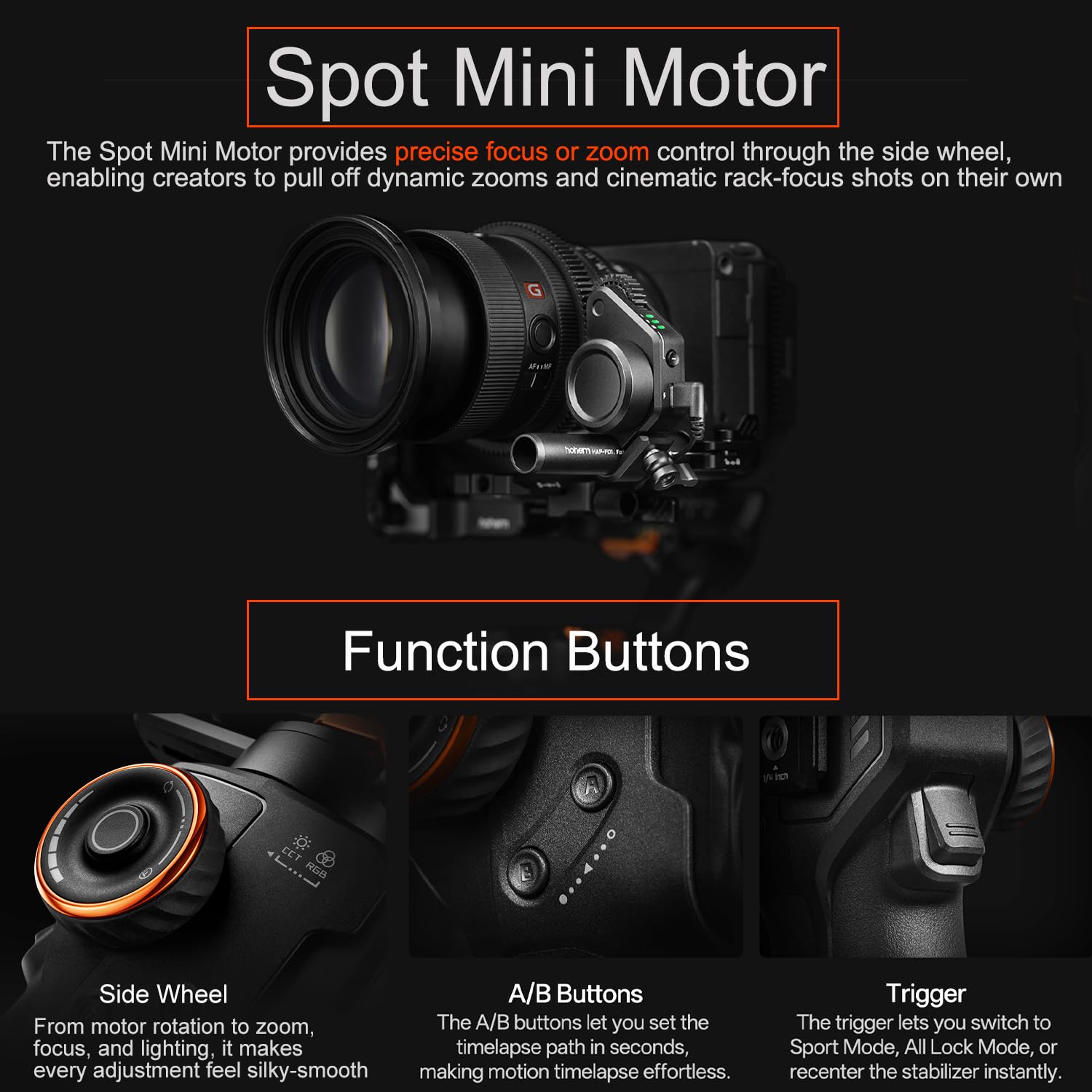 hohem iSteady MT3 Pro Kit avec mini moteur spot et poignée tournante, stabilisateur pour appareils photo Canon, Sony, Panasonic, Nikon, Fujifilm, GoPro, charge utile de 2,5 kg, suivi AI, télécommande