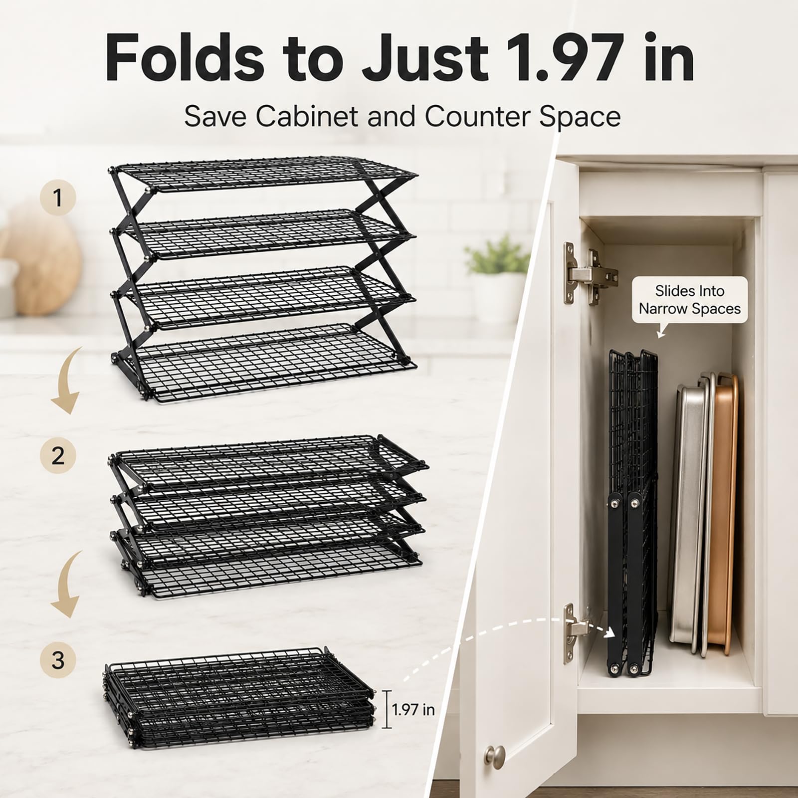 Grille de refroidissement pliable à 4 niveaux – 40,6 x 25,4 cm, réglable, empilable, antiadhésif, pour la cuisson, le rôti, les cookies, les gâteaux, le séchage, le pique-nique et le barbecue, chaque