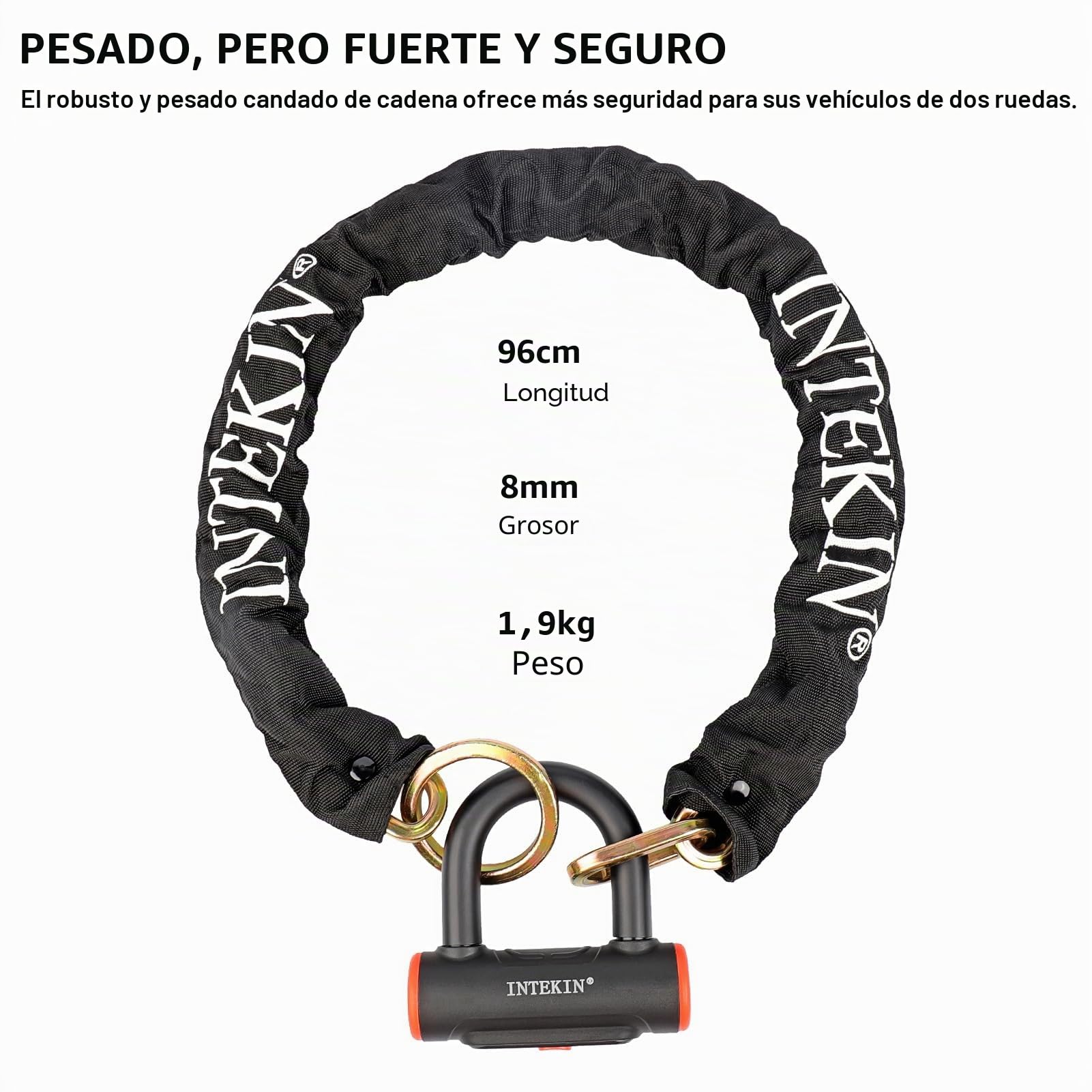 Candado de cadena de acero endurecido de 8 mm, 96 cm, cadena de bloqueo de motocicleta y candado de seguridad, candado de alta seguridad para bicicleta, motocicleta, scooter, puerta, 3 llaves