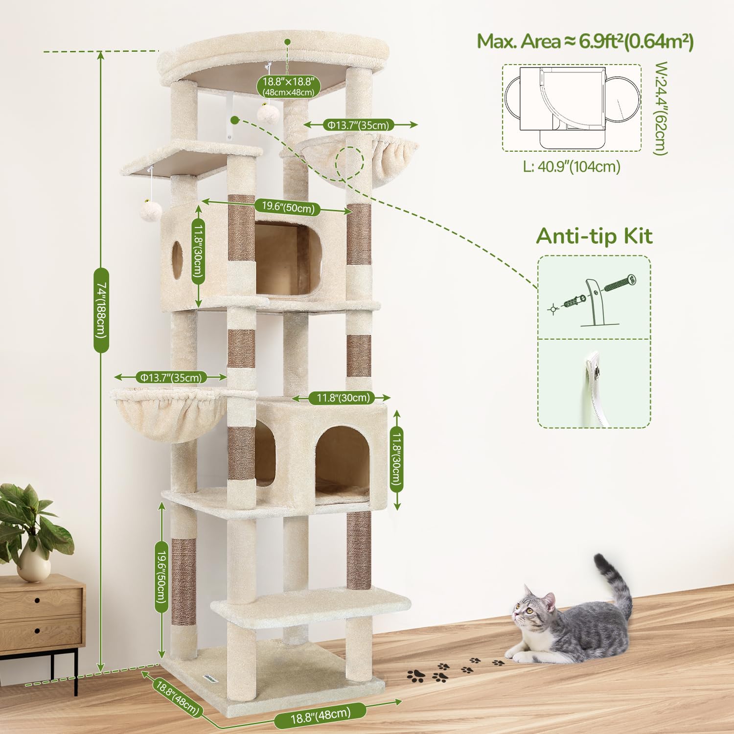 Globlazer Árbol Rascador Beige Grande Alto 188 cm con 2 Grandes Nidos, 48 * 48CM Plataformas Acolchada, 2 Felpa Cesta, Estable Árbol Torre para Grande Gato 3-5 Adulto Gatos Más de 5 kg (S74, Beige)