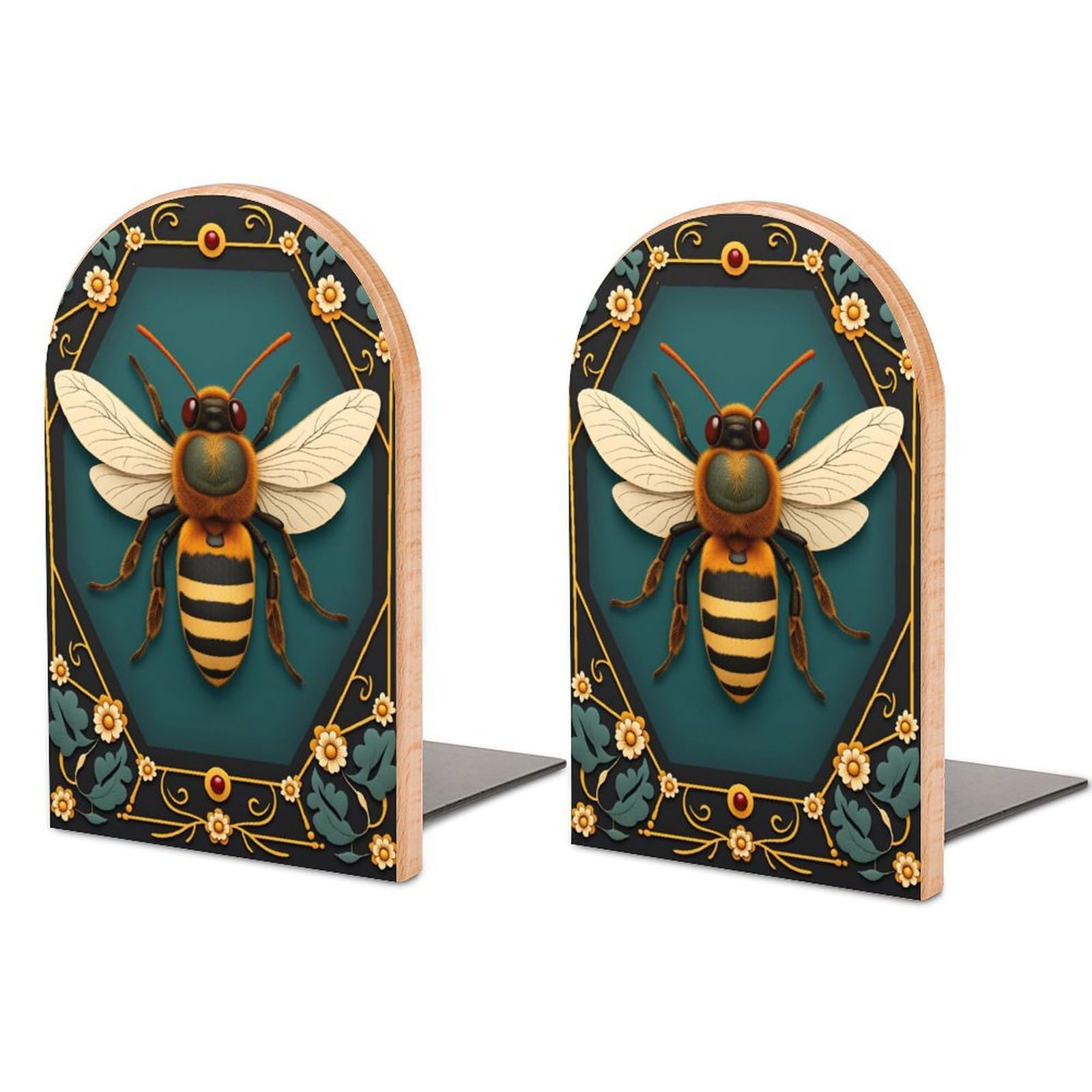 Bee Solid Beech Wood Bookends, Decorative Book Ends for Shelves, Non-Skid Desktop Book Organizer for Home Office, Library Decor (1 Pair, 4.7" X 6.7")