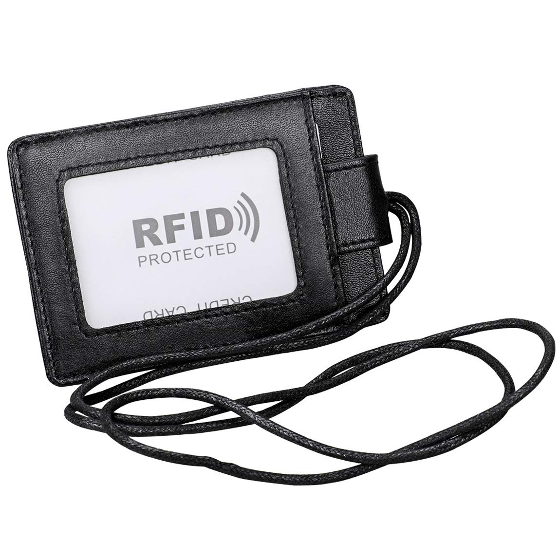 Uchwyt na identyfikator blokujący RFID, 2-stronny pionowy portfel na karty kredytowe z prawdziwej skóry, z 1 okienkiem na dowód osobisty, 3 przegródki na karty i smycz / pasek na szyję