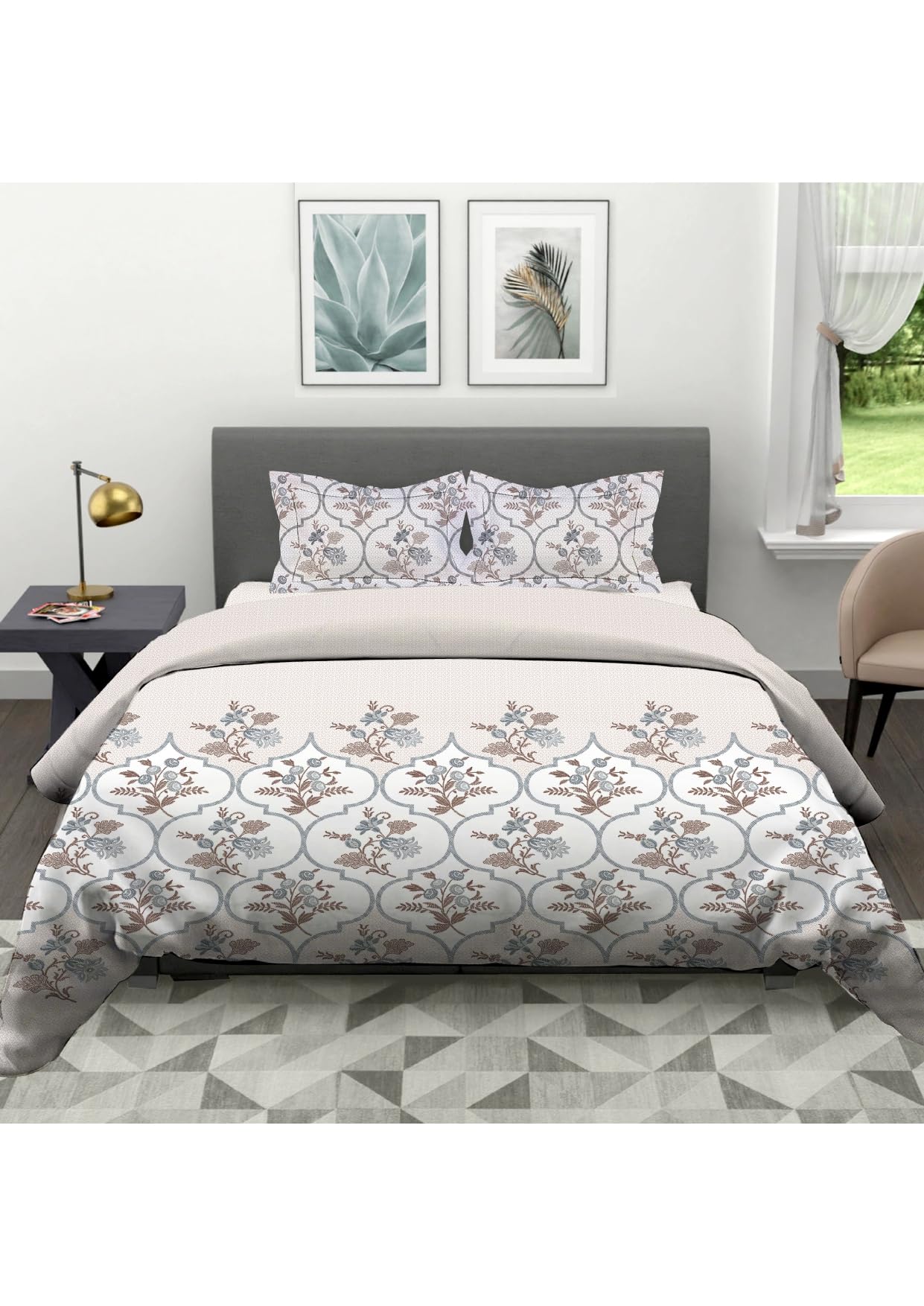 JASANI FABJASANI FAB Cotton Soft Breathable King Size BedSheet Floral Print Single Bedsheet Set with 2 Pillow Cover (1039-Brown)