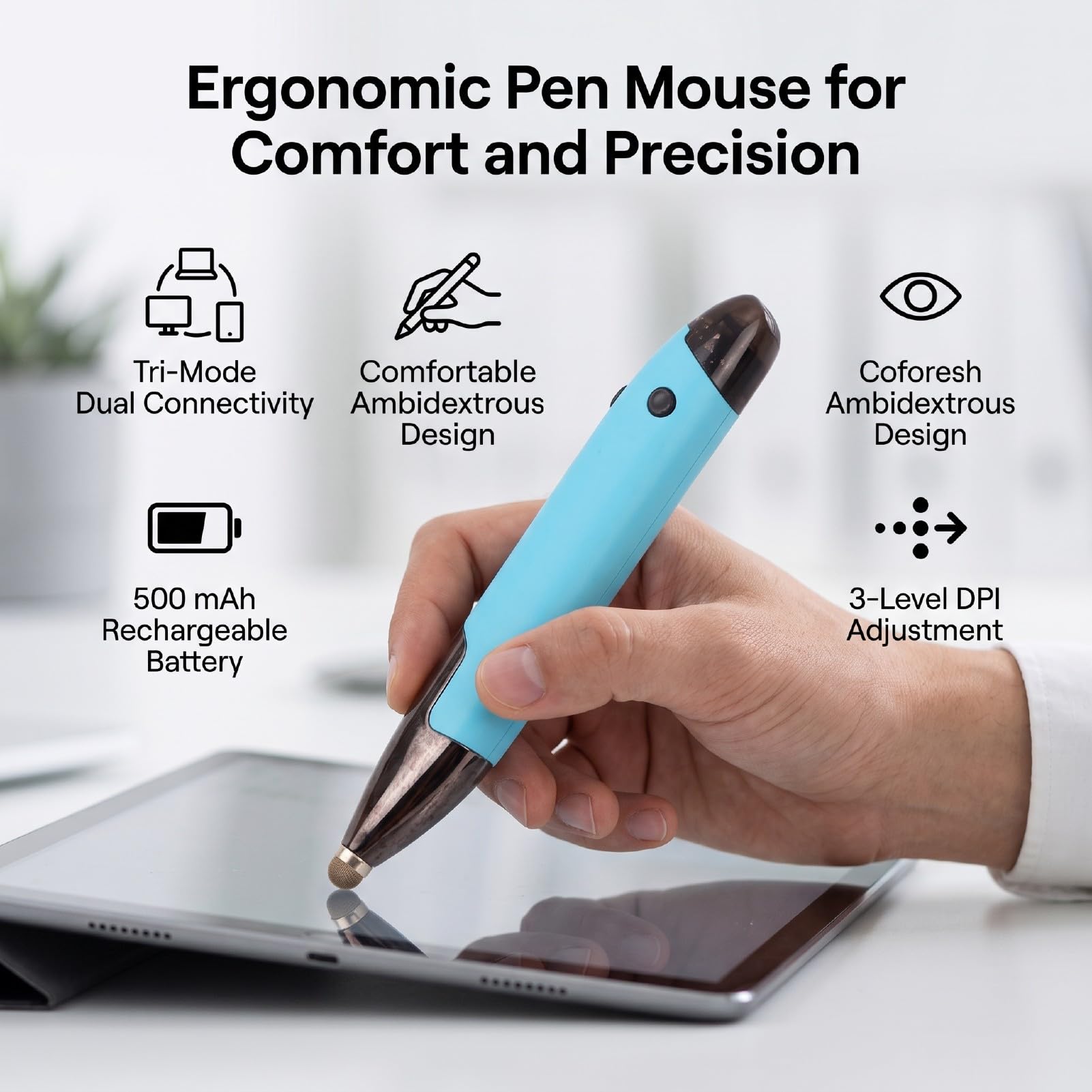 VBESTLIFE Ratón Tipo Lápiz Inalámbrico con 1600 dpi y Bluetooth 5.0 (Blue)