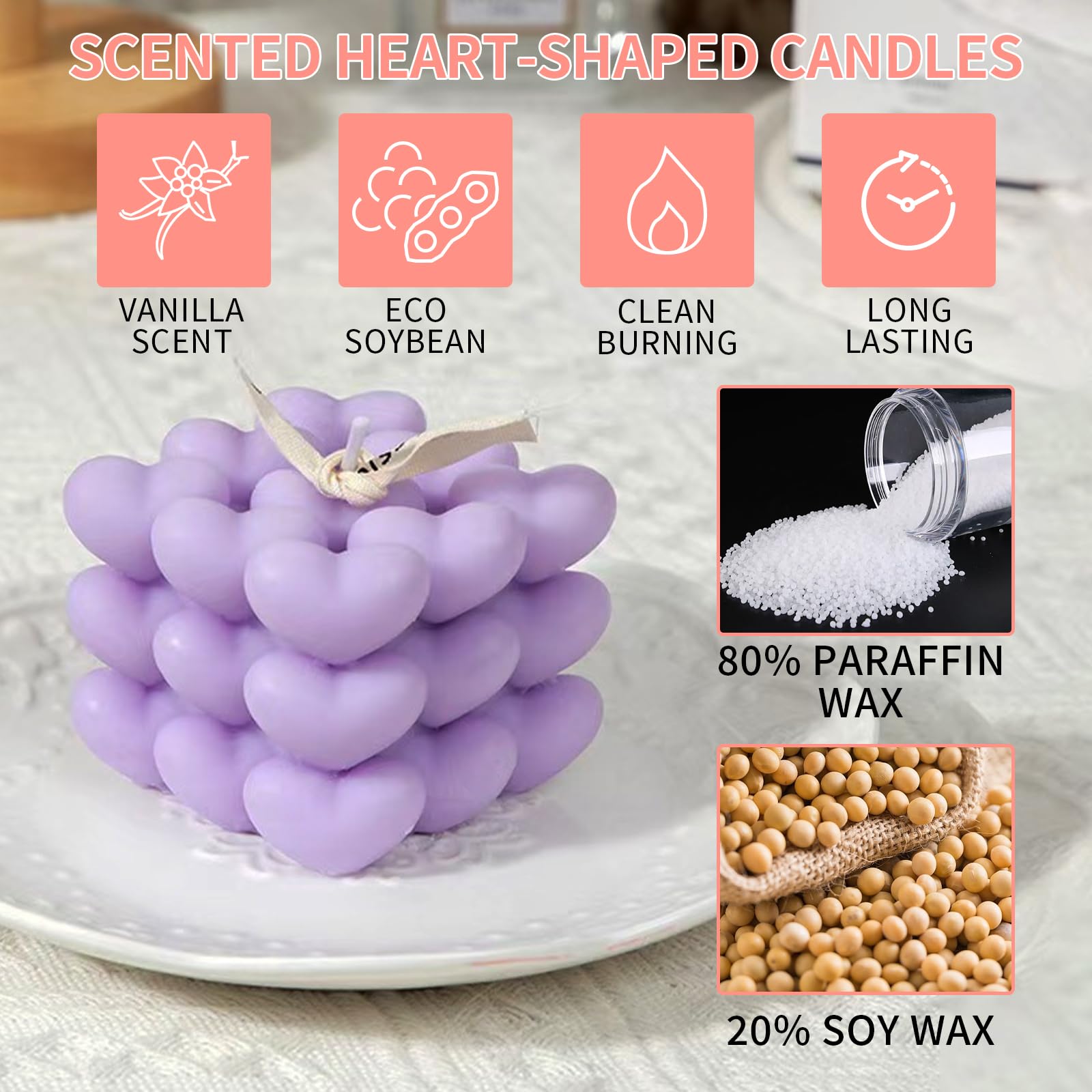 Candele Profumate A Forma Di Cuore | 3 Pezzi | Bianco, Viola, Rosa | Cera Di Soia | Con Nastro E Biglietto - Foto 5