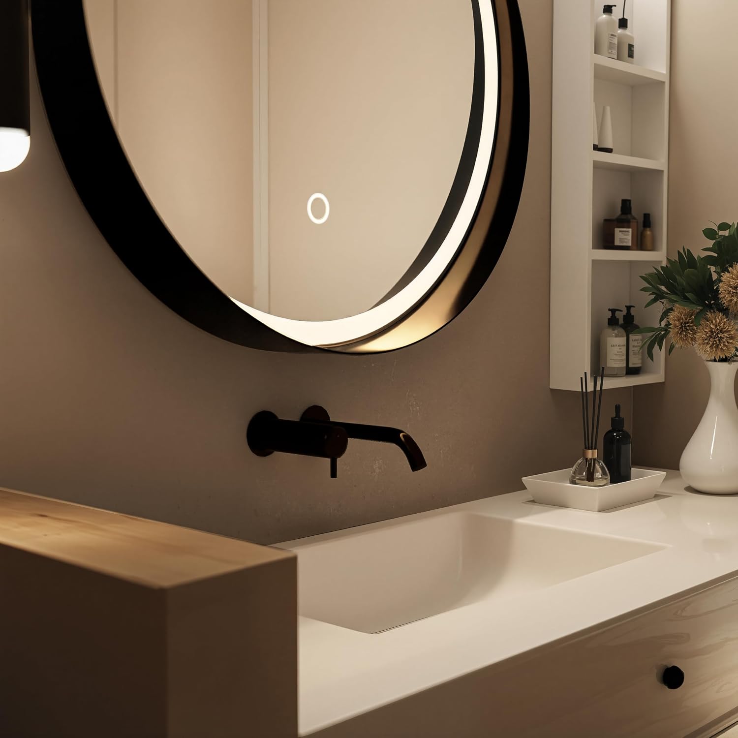 LEDMyplace 24 Inch Round LED Lighted Bathroom Vanity Mirror, Black Frame, 3000/4000/6000 CCT Changeable & Remembrance, CRI 90+, 1440 Lumens, 28 Watt, Touch Switch, Defogger, Raven Round Style Mirror