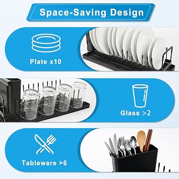 Sink Dish Drying Rack, Expandable Dish Drainer Rack with Drip Tray, Kitchen Draining Board Rack with Cutlery Holder, Compatible with 14 - 19 Kitchen Sink, Black