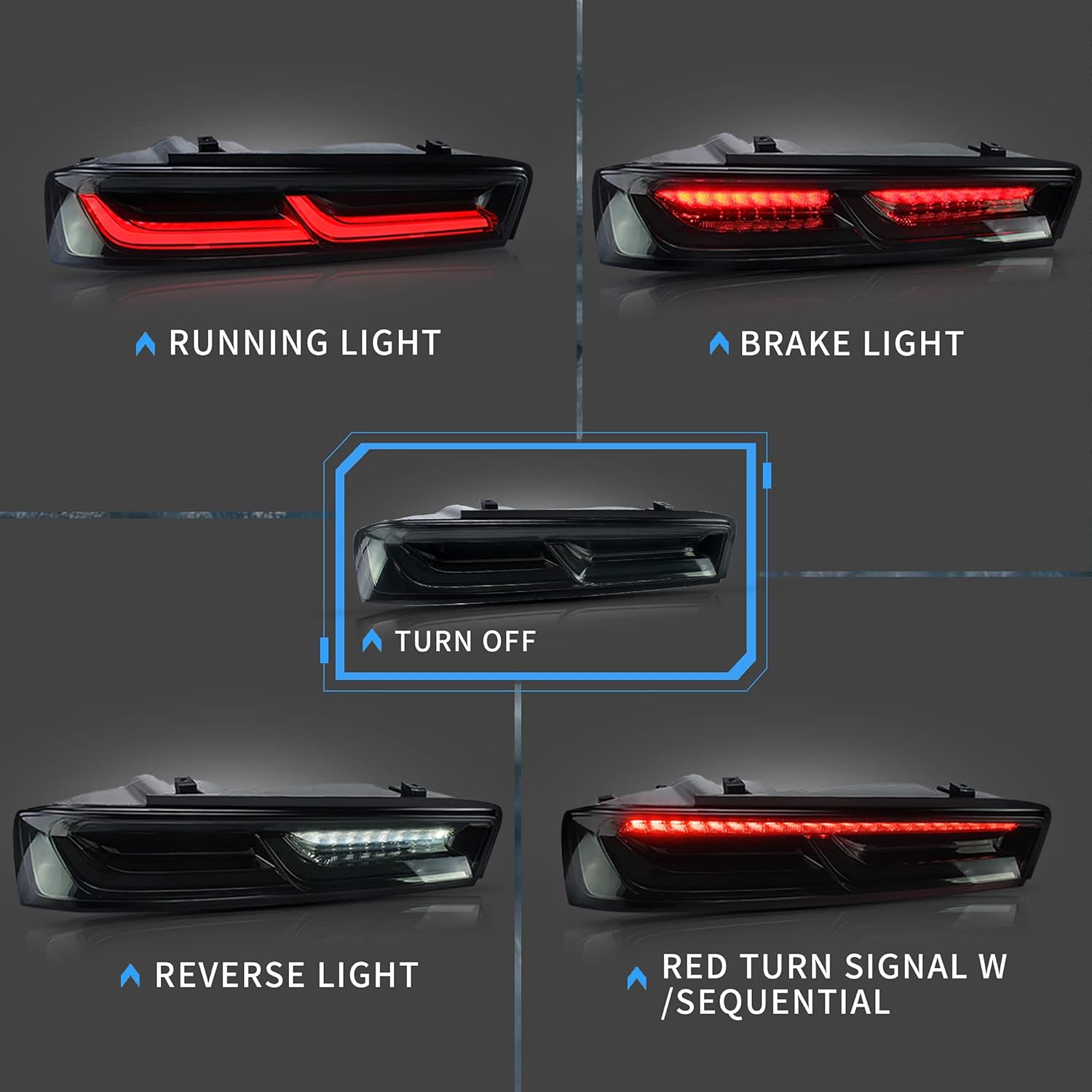 VLAND Led Tail lights Compatible with Chevy Camaro 2016 2017 2018 w/Red Turn Signal w/Sequential (US Plug), Smoke Lens Rear Lamp Assembly with Passenger& Driver Sides