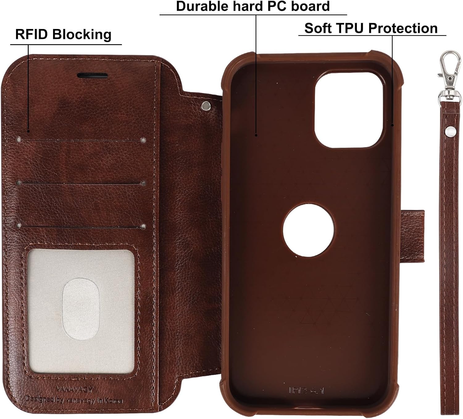 VANAVAGY Compatible for iPhone 12/12 Pro Wallet Case for Magsafe Wireless Charging, PU Leather Folio Flip Phone Cover with Wrist Strap RFID Blocking Card Holder Screen Protector,Brown - Image 4