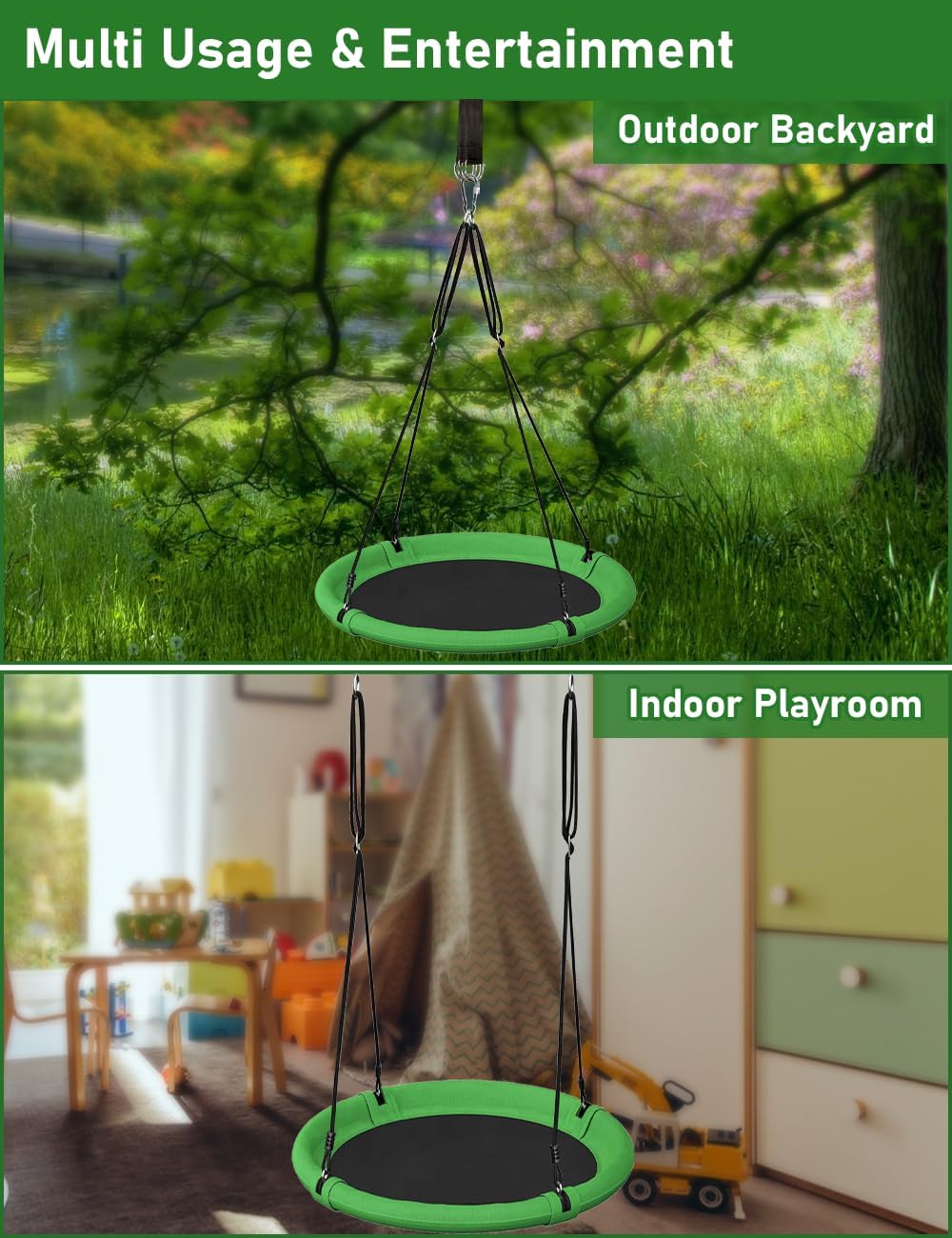 24 Inch Saucer Tree Swing Set for Kids & Adults, Adjustable Flying Swing Seat for Backyard or Outdoor Playground, Green & Black