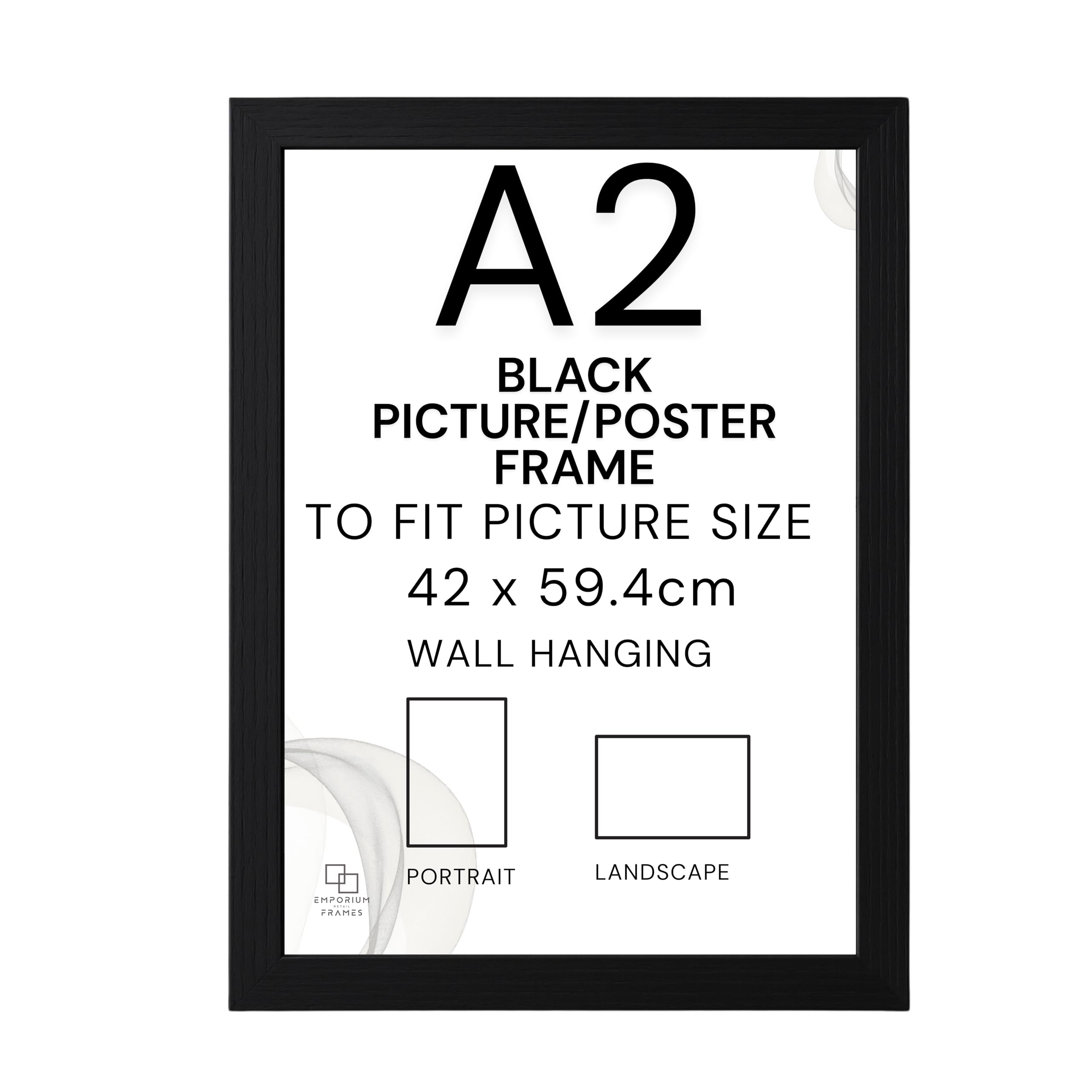 EMPORIUM RETAIL FRAMES Black A2 Picture Frame - A2 Black Photo Frame Wood, Styrene Acrylic Glass, MDF Back & Hooks - Portrait or Landscape - Ideal for Gallery Wall Decorations - 42x59.4cm