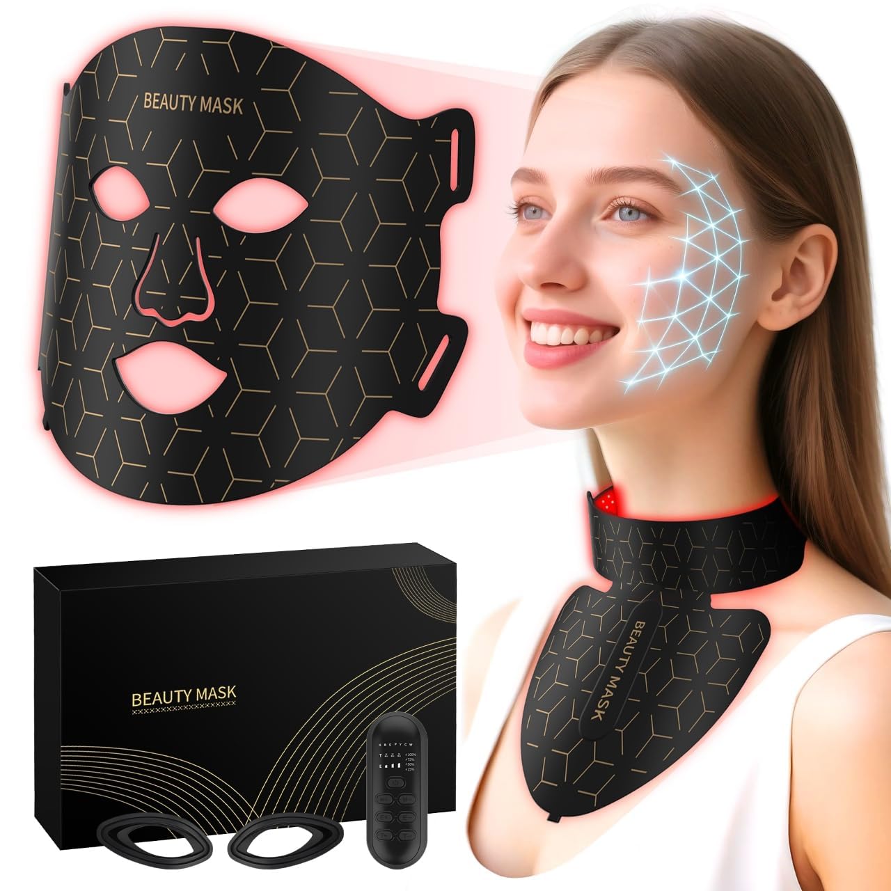 FDA-Cleared Red Light Therapy for Face & Neck, Rechargeable 7-in-1 LED with 850nm & 660nm NIR, Hands-Free Silicone for Anti-Aging, Acne,Wrinkle Reduction & Sensitive Skin During Yoga or Work