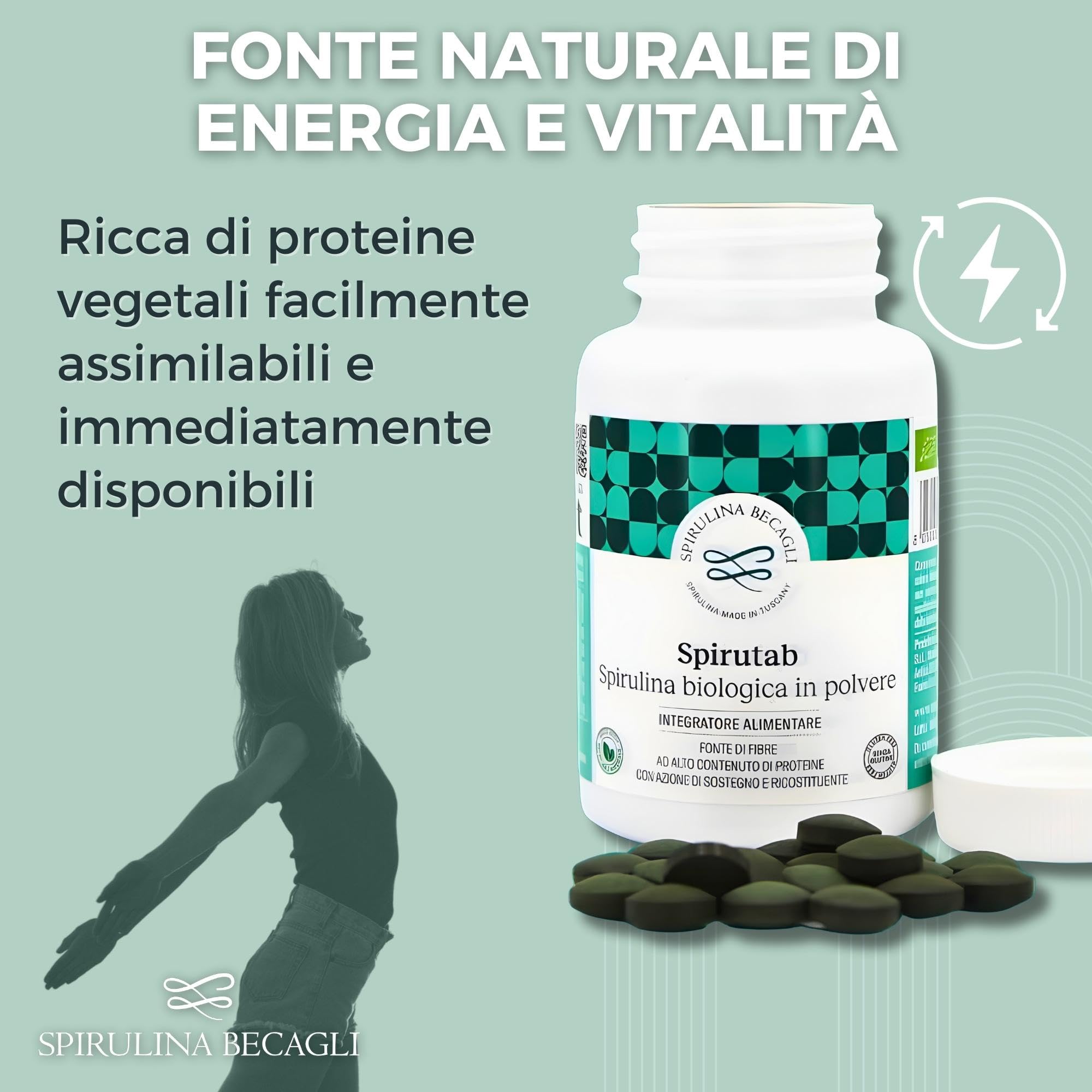 SPIRULINA BECAGLI Spirutab - Spirulina Compresse, Alga Spirulina Integratore Made in Italy, Energia Naturale e Detox, Vegan (180 Compresse (1 Confezione))
