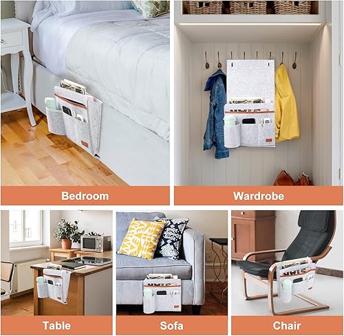 Miniatura 7 de Surblue Organizador de noche de fieltro con soporte para botella de agua para TV, control remoto, lentes de teléfono, 7 bolsillos (gris claro)
