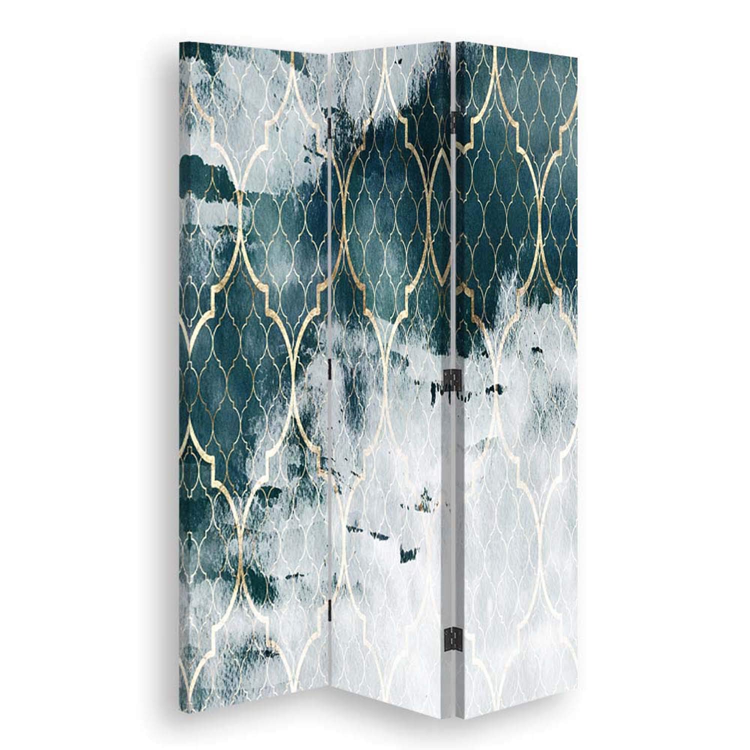 Paravent intérieur Motif doré 110x170 cm Réversible 3 Panneaux Bleu