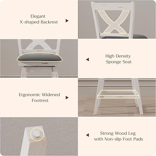 Miniatura 5 de Juego de 2 taburetes de bar, sillas de bar giratorias de 360 grados con respaldo en X, taburete de bar con patas de madera para bar, isla de cocina,