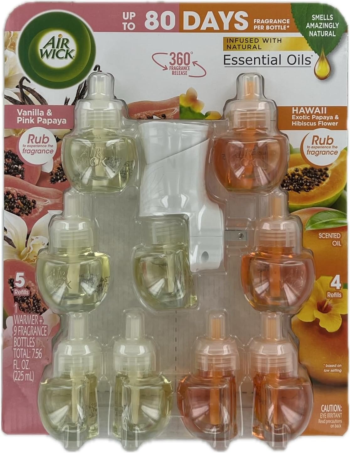Airwick Essential Oils Air Freshener, 1 Unit & 9 Refills (Pink Vanilla & Hawaii)