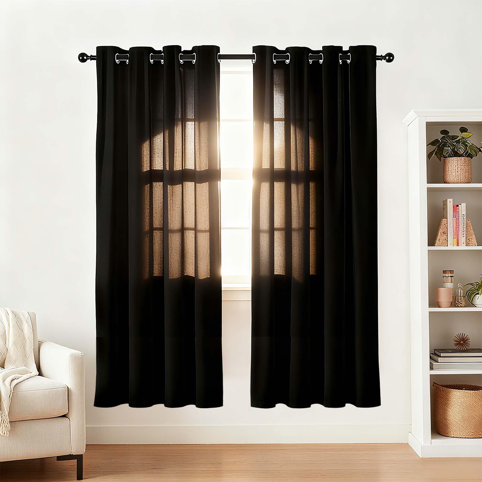 Alaoo Semi Transparent Sheer Curtains, 2 Panels Net Curtain for Windows, Eyelet Curtain for Living Room Soft Comfortable Suitable for Kitchen, Living Room, Study, Black 46 X 54 Inches