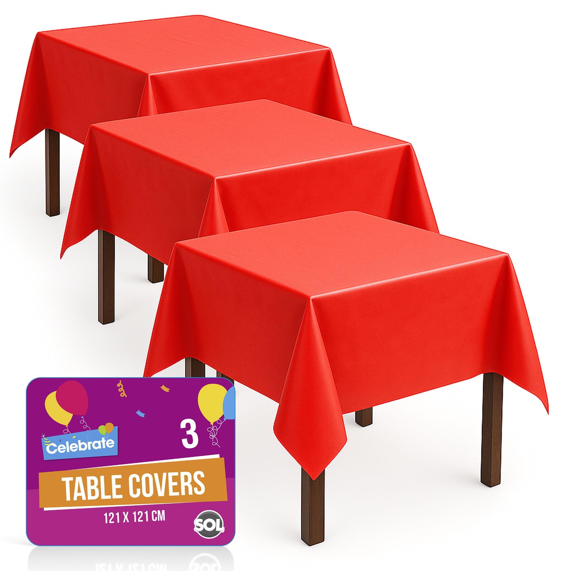 Sol Girls Red 3Pk Table Cloths Disposable 121X121cm Durable Plastic Cover For Christmas Chinese New Year Birthday Parties, Romantic Valentines, Weddings, Easter, Festive Sporting Events, Indoor Or Outdoor