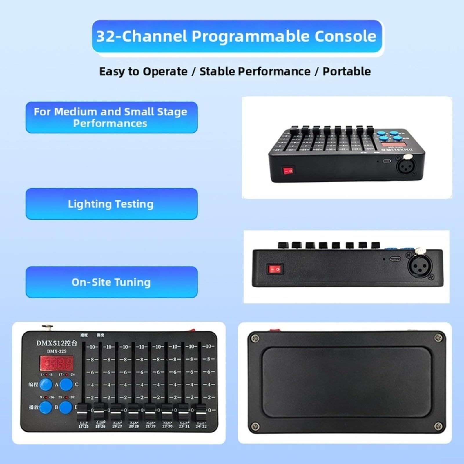 Controller DMX512 a 32 canali con funzione wireless, ricaricabile da 3000 mAh per batteria, controllo della luce programmabile per palcoscenico DJ, 8 fader, display LED, nero, compatto per spettacoli