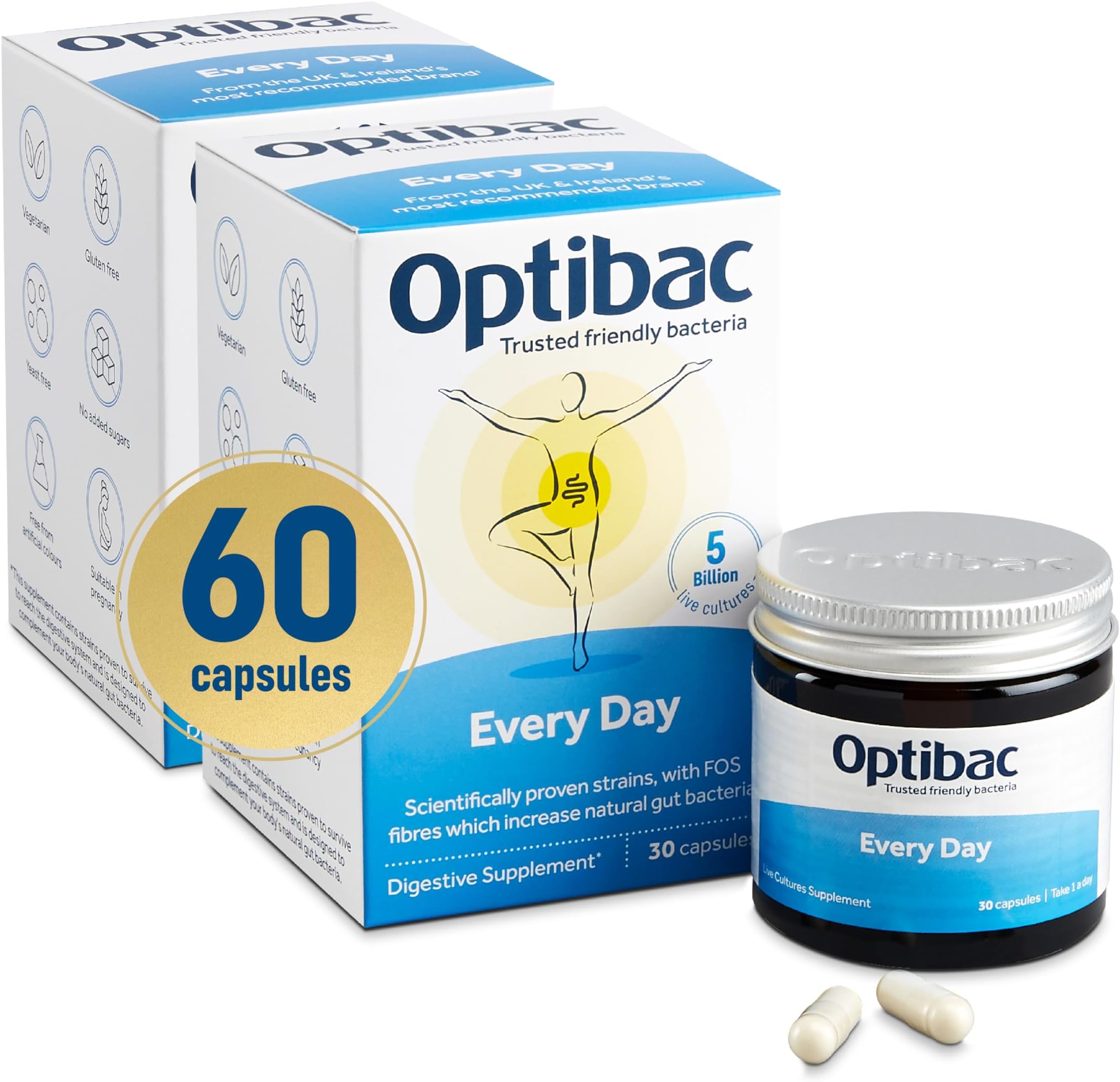 Optibac Probiotics Every Day - Scientifically Proven to Increase Natural Gut Bacteria - Lactobacillus Acidophilus - UK's Most Recommended Probiotic Supplements - 5 Billion - 2 x Pack of 30 Capsules