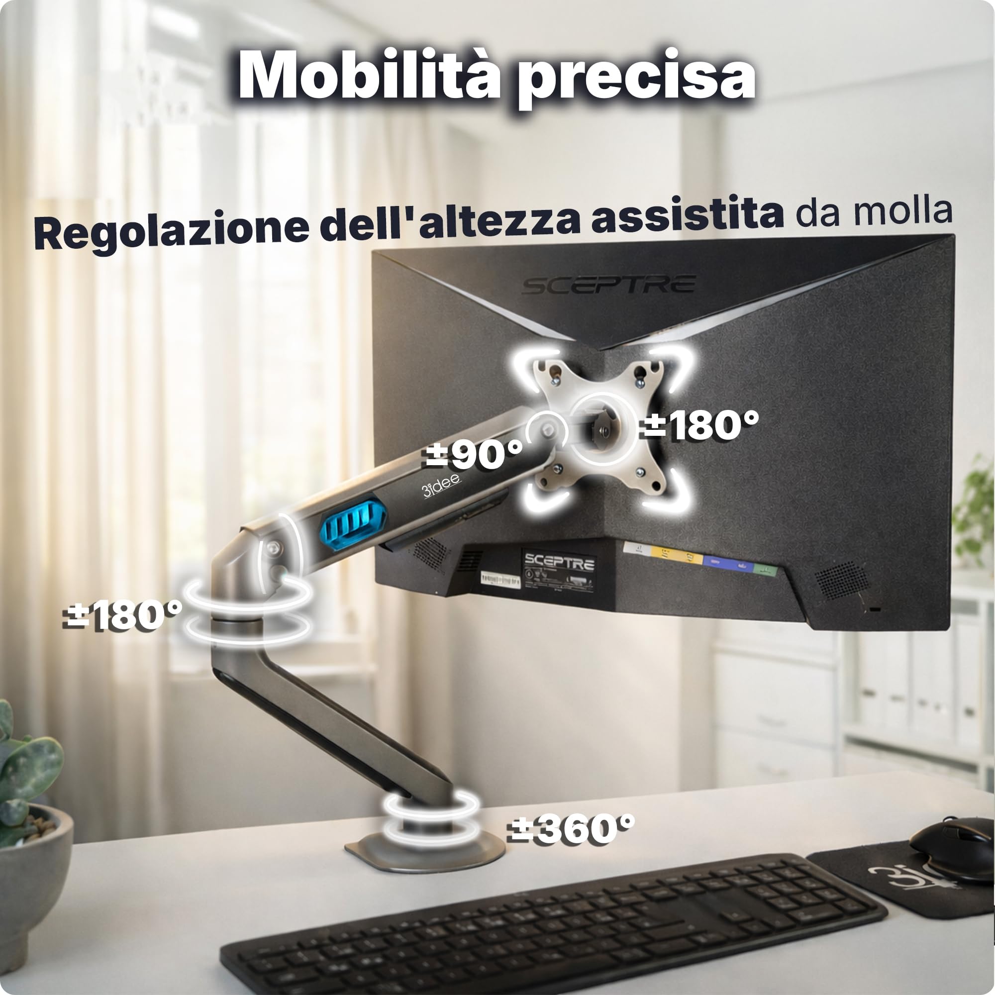 3IDEE Supporto 1 monitor da scrivania per monitor 17-32 pollici - regolabile in altezza, stabile fino a 9 kg - design sottile in alluminio - inclinabile, ruotabile, orientabile - VESA 75x75 e 100x100