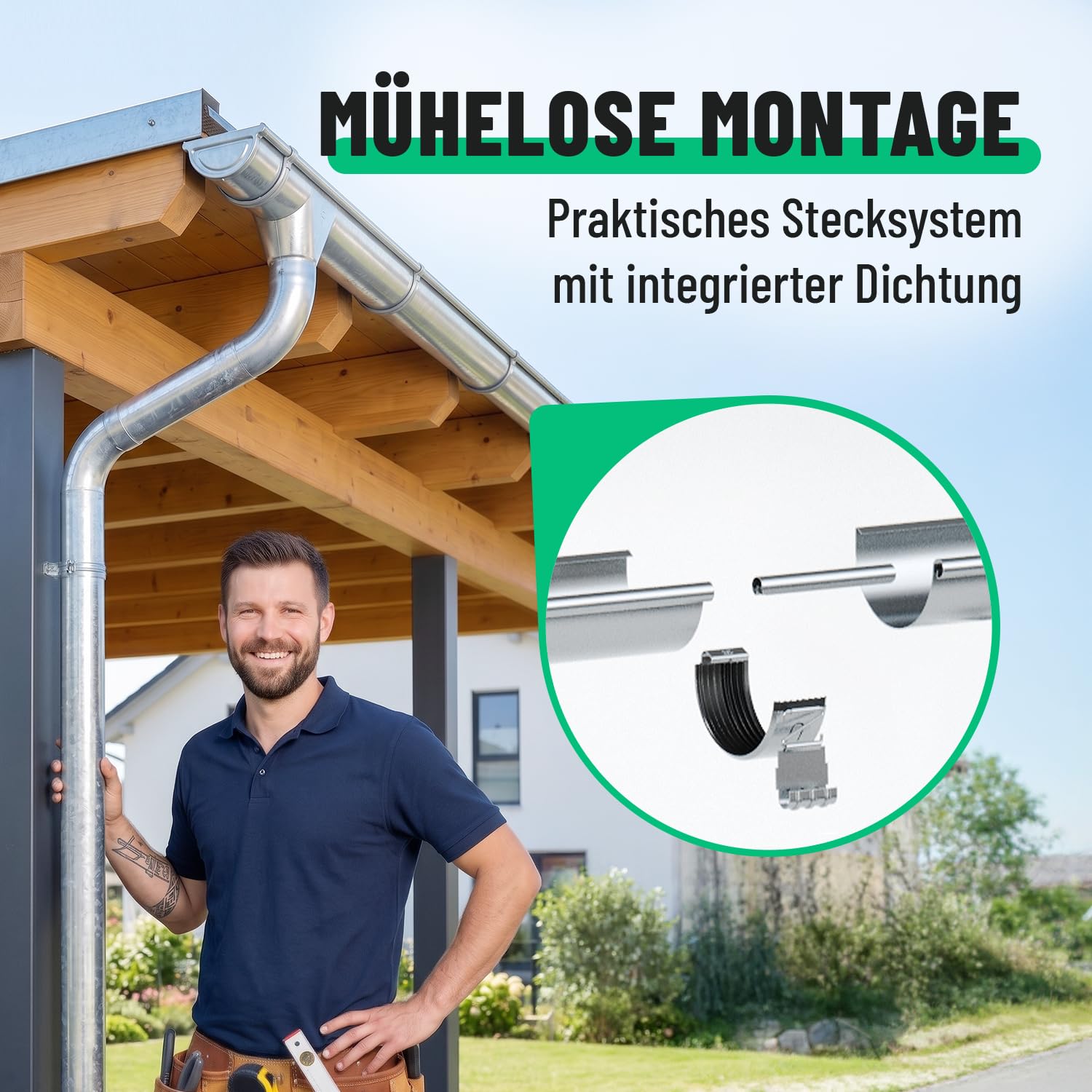 greate 8,05 Meter Dachrinnen Set mit Fallrohr verzinkt - 333 Nenngröße | Regenrinne Set mit einfacher Montage inkl. Montageanleitung - Zink Dachrinne Gartenhaus, Carport uvm - Dachrinnenset