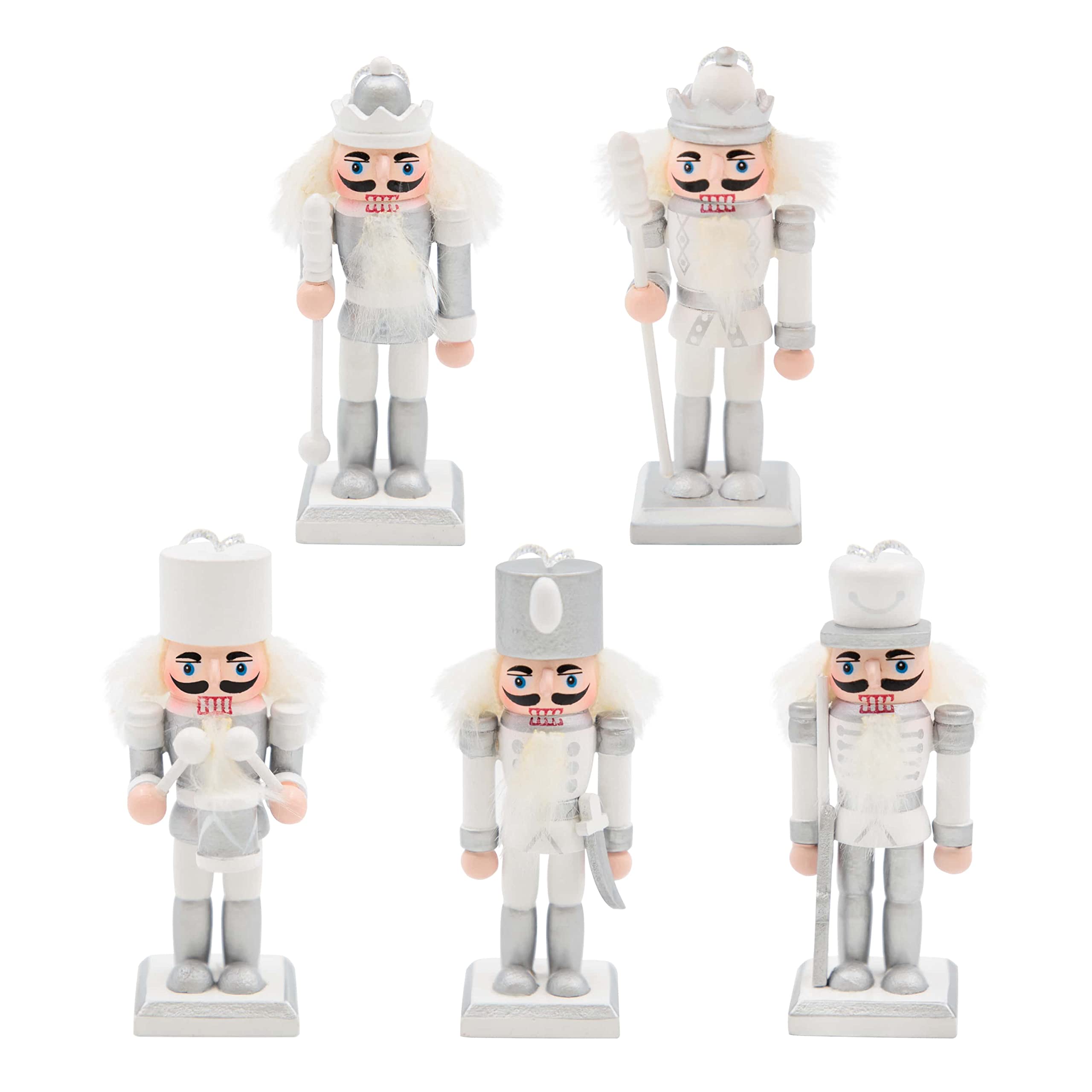 The Christmas Workshop 5PK Wooden Nutcrackers/Hanging Christmas Tree Decorations/Festive Ornaments (Silver and White)