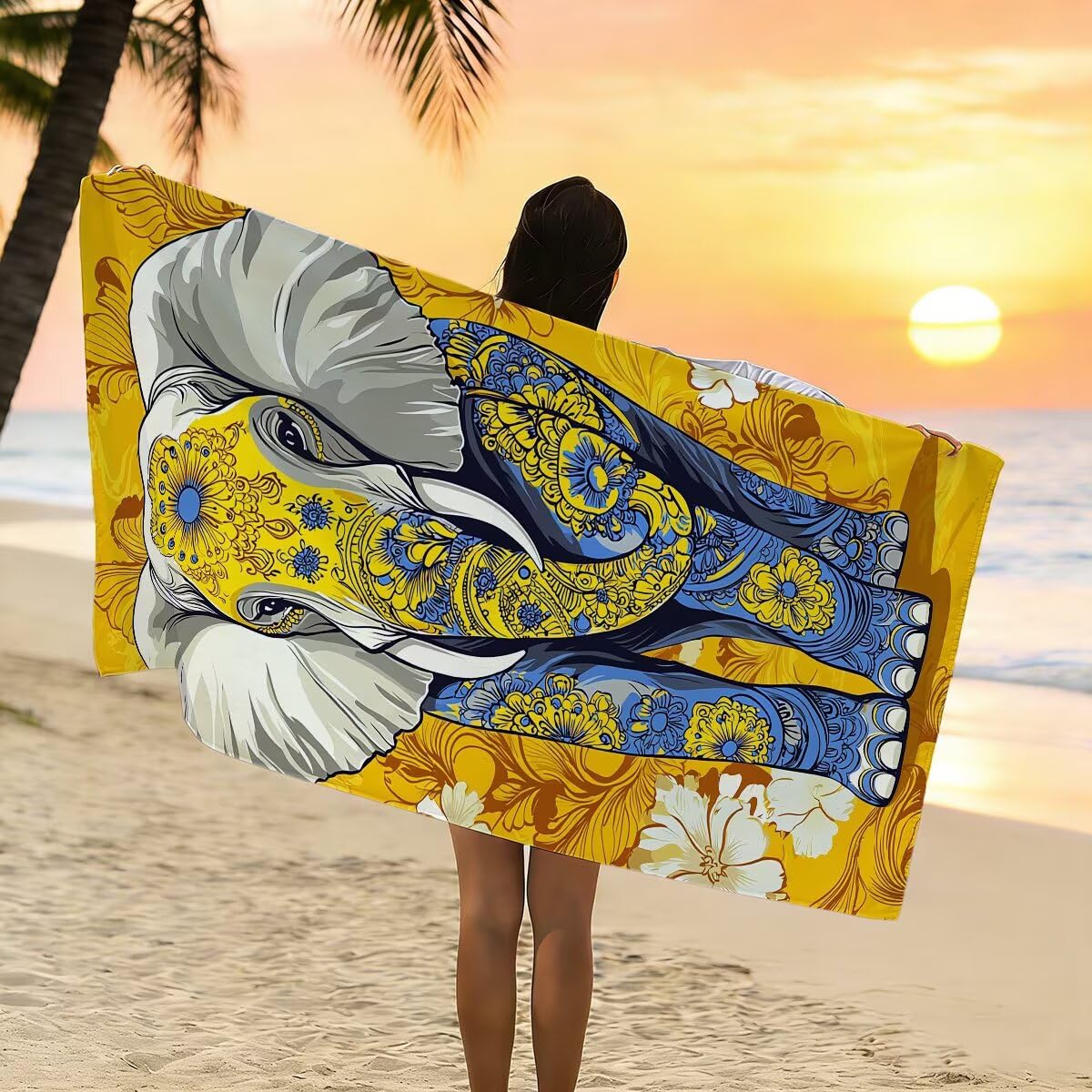 Telo Mare Microfibra, Telo Mare Grande 100x220cm 2 Pezzi, Asciugamano Palestra Donna Asciugatura Rapida, Antisabbia Asciugamano Microfibra, Leggero Asciugamani Palestra per Regalo (Elefante) -4370