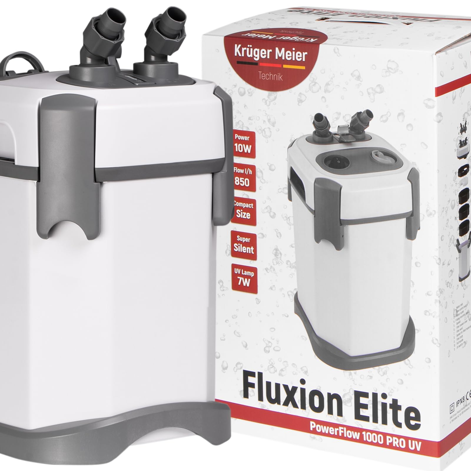 Fluxion Elite 1000 UVC PRO Außenfilter für Aquarium 80–180L, mit 7W UV-Klärer, 2 Filterkörben, regulierbarem Durchfluss, leiser Aquarienfilter