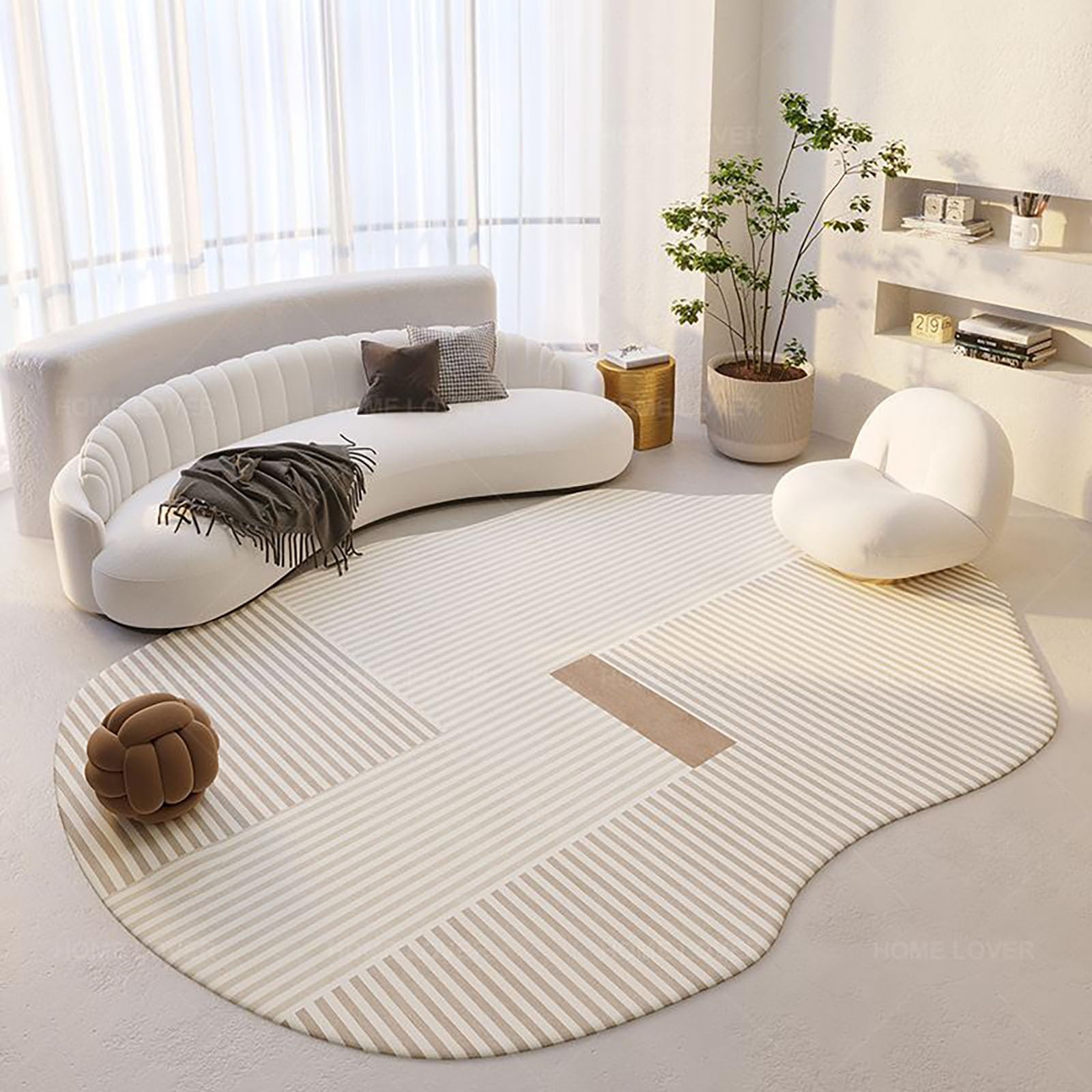 Tapis ovale antidérapant à rayures de forme irrégulière, lavable, pour salon et chambre à coucher