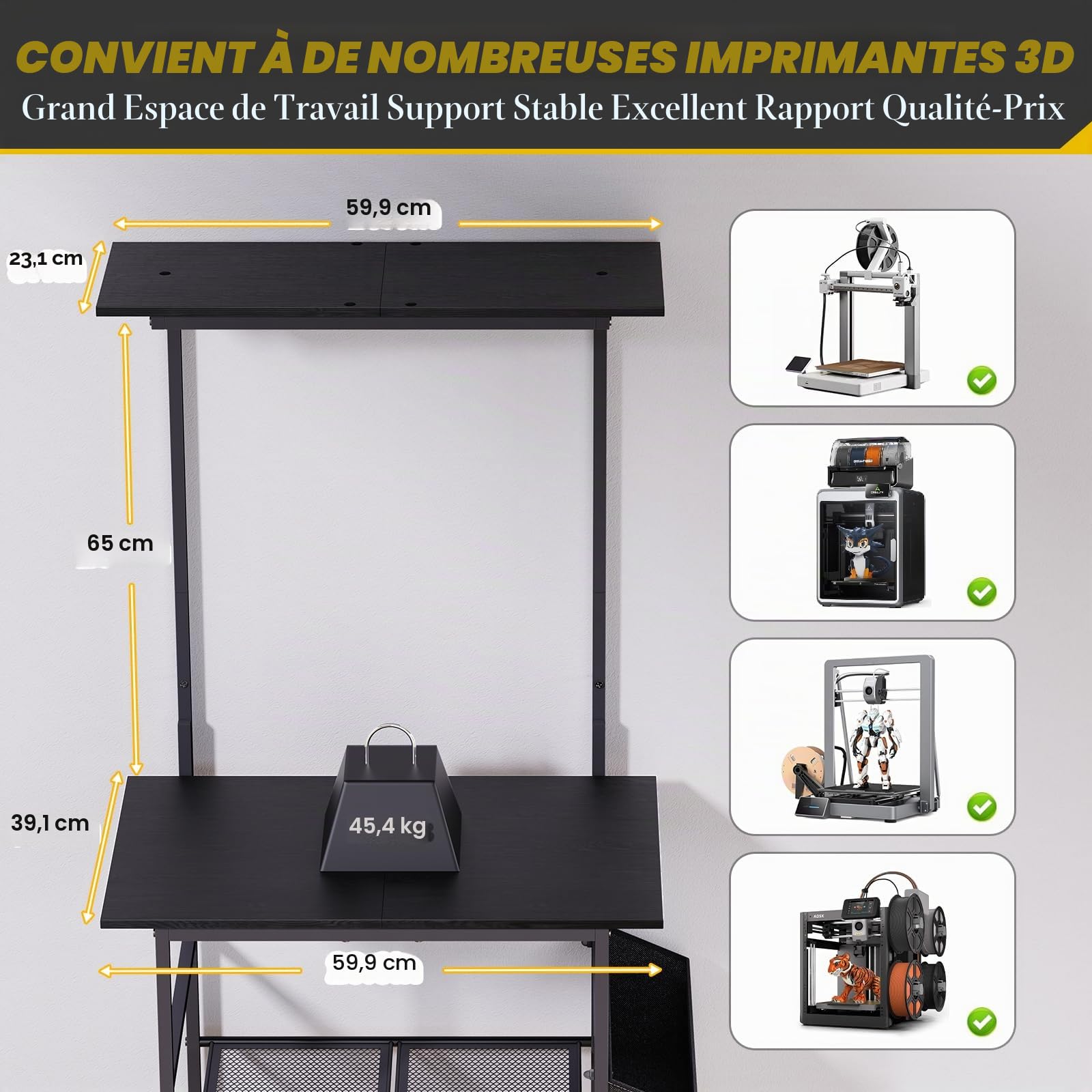 Table pour imprimante 3D, support imprimante à 5 niveaux, armoire d'imprimante en métal avec rangement pour filament et poche latérale, étagère pour imprimante à fixation murale pour bureau