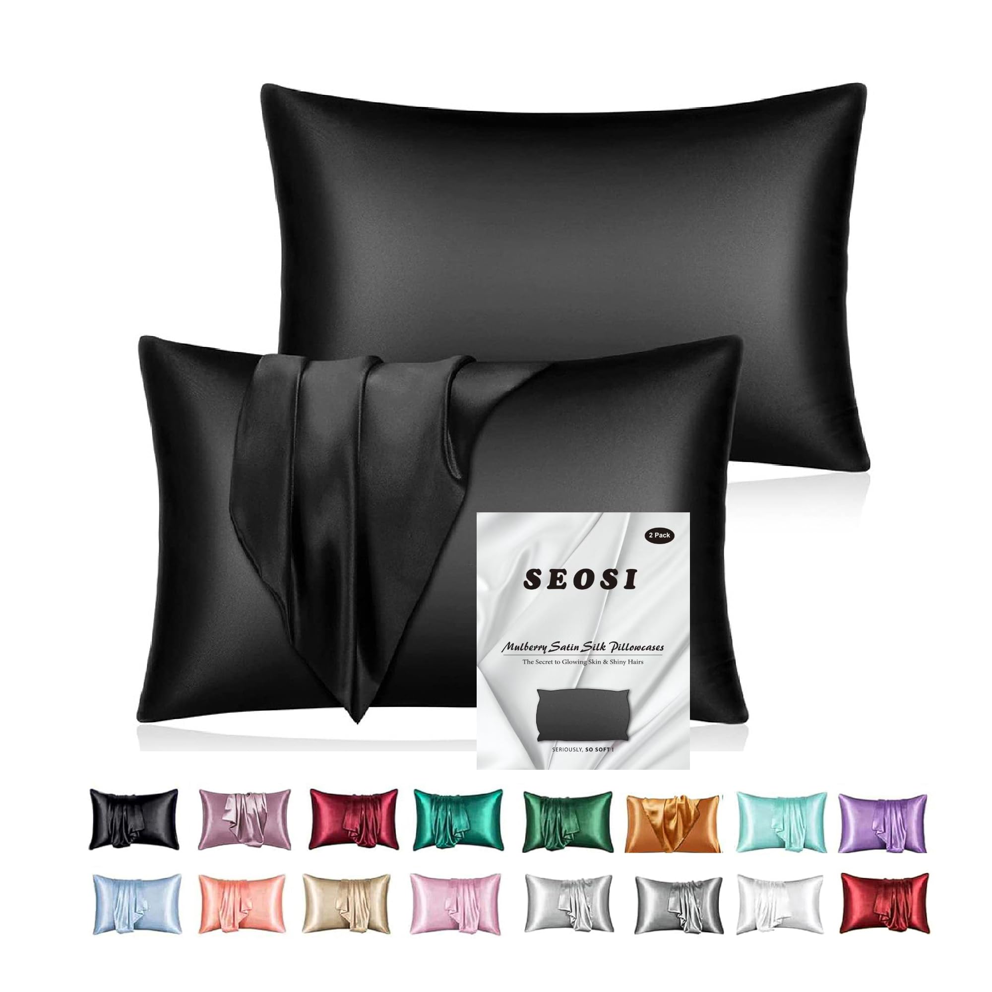 SEOSI Silk Pillowcase, Mulberry Silk Pillowcase-Satin Silk Pillowcases for Hair Skin and Beauty, Both Sided Soft and Breathable with Envelope Closure, 2 Pack, Size 51x70cm (Black, Standard)