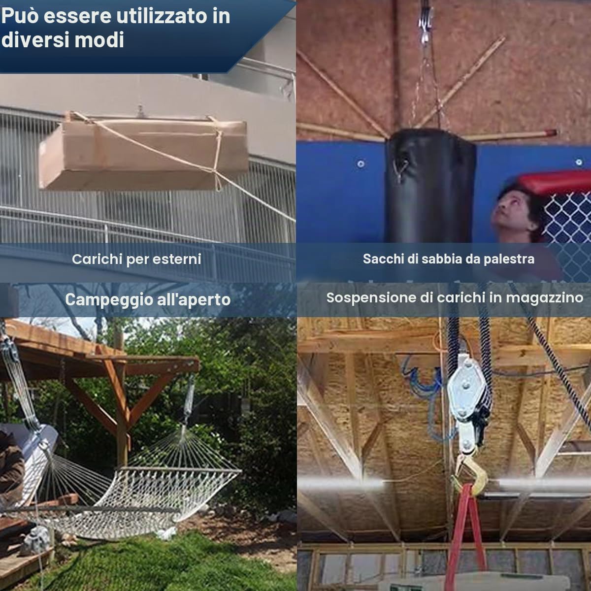Pesante puleggia a 4 scomparti con freno a fune, 1000 kg max., 20 m di corda in PP, cavo a mano da 8:1 a 2,5 m di altezza di sollevamento