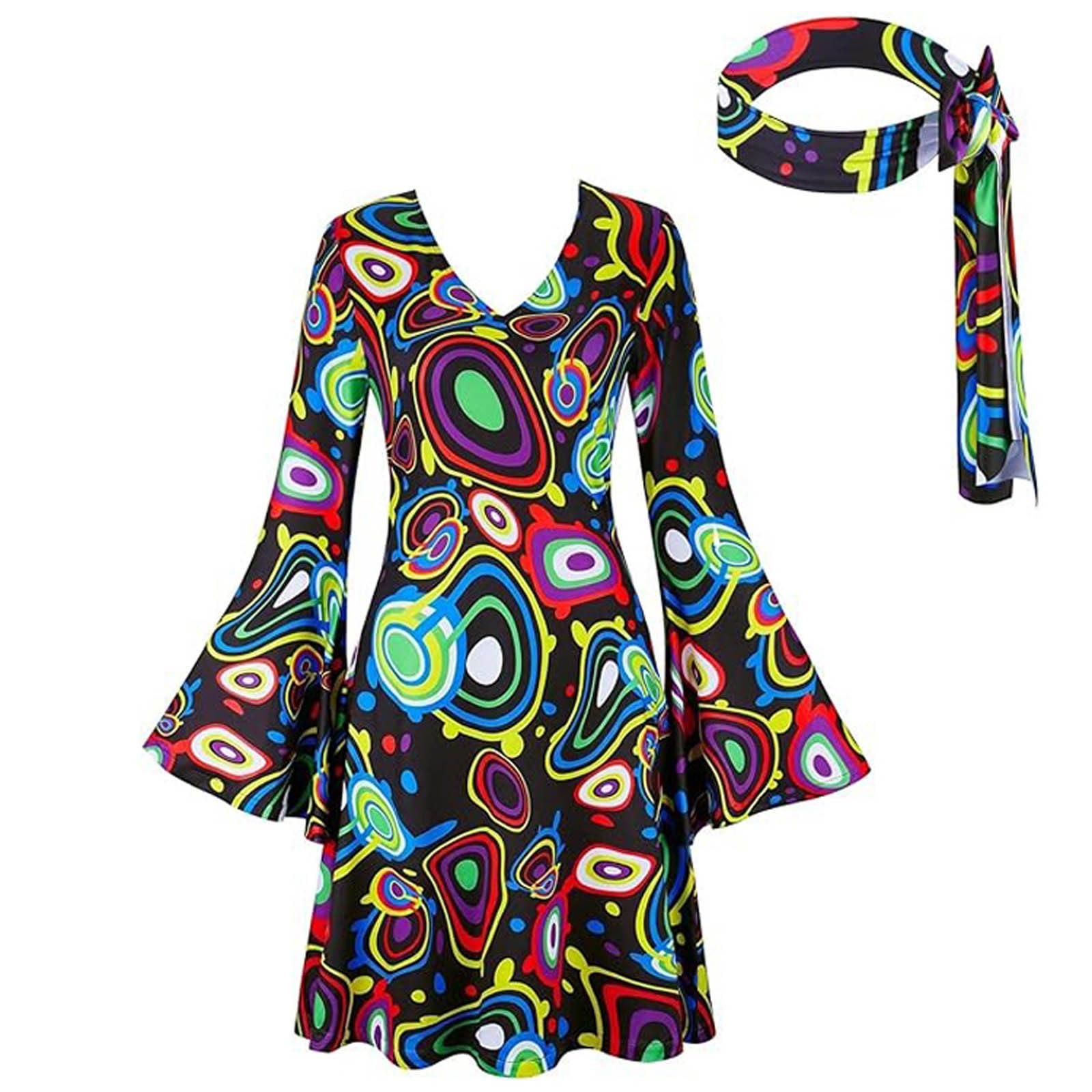 Halloween Costume Women Hippie Dress 70s Retro Psychedelic Print Bell Sleeve Party Dresses Outfit Vintage Fancy Dress Carnival Festival Costume with Headband Accessories for Women Groovy Theme