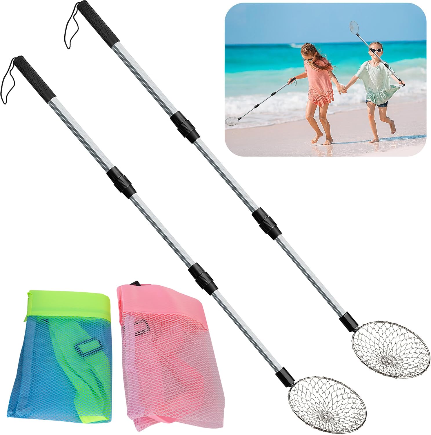 codree 4 Pcs/Set Shark Tooth Sifter with Beach Bags- Large Beach Sand Sifter- Sand Scoop Shell Scooper for Beach- Beach Scoop Shovel and Sifter Tool for Picking Up Shells Beachcombing & Rock Hunting
