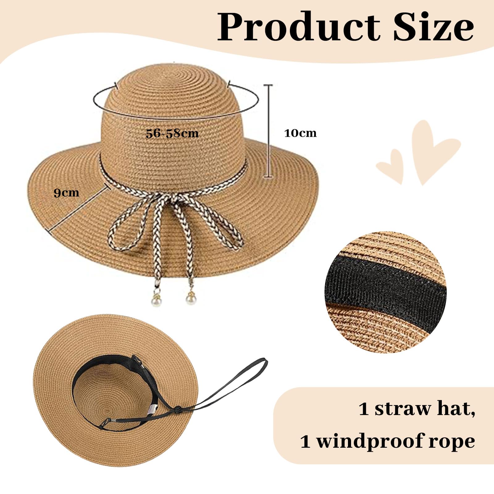 BelleVive Chapeau de Soleil pour Femmes - Protection UV 50+, Paille d'Été, Repliable à Large Bord