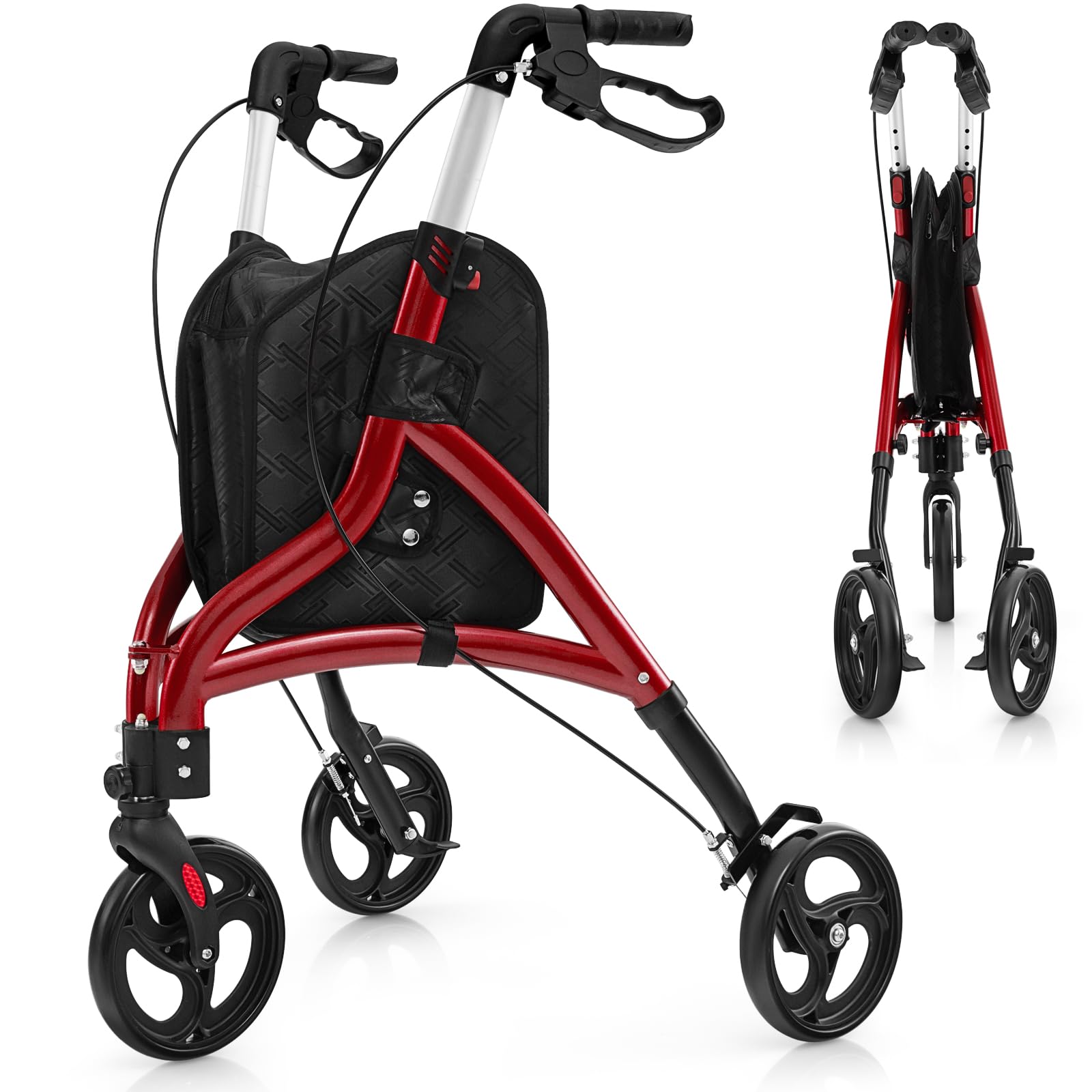 COSTWAY Rollator schmal für Wohnung, Dreirad, faltbar und leicht, Gehhilfe 6-fach höhenverstellbar, Gehwagen mit Tasche & Bremse, Aluminiumrahmen, klappbar für Senioren & Erwachsene (Rot)