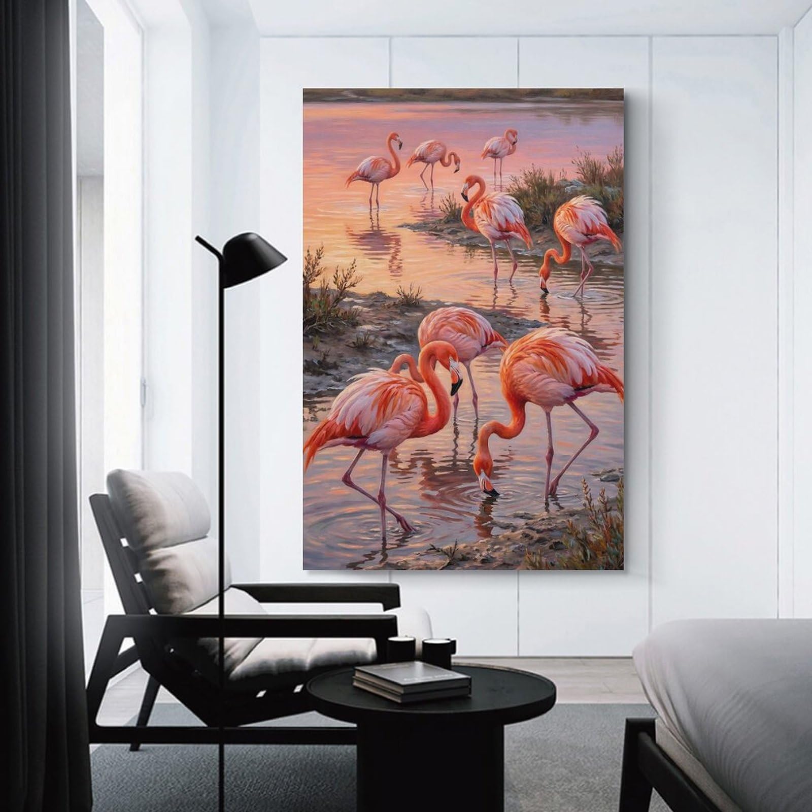 Junmoney Unframe-Style-14 Flamingos In Water At Sunset Hanging Wall Art, 20X30inch(50X75cm), For Bedroom Decor, Cosy Corners Or Studios, An Easy Wall Refresh For Bedrooms