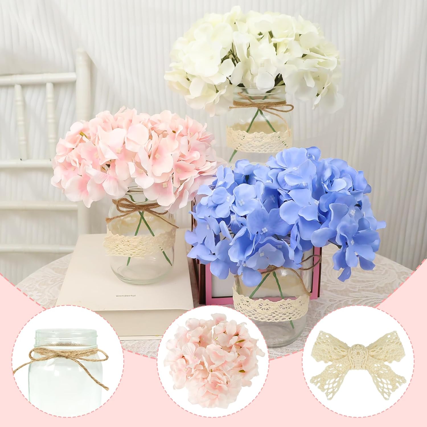 Mason Jar Table Centerpiece Set of 3 with Lights Pink Hydrangea artificial Flowers for Engagement Party Bridal Shower Centerpieces Wedding Christmas Thanksgiving Party Reception Table Decor