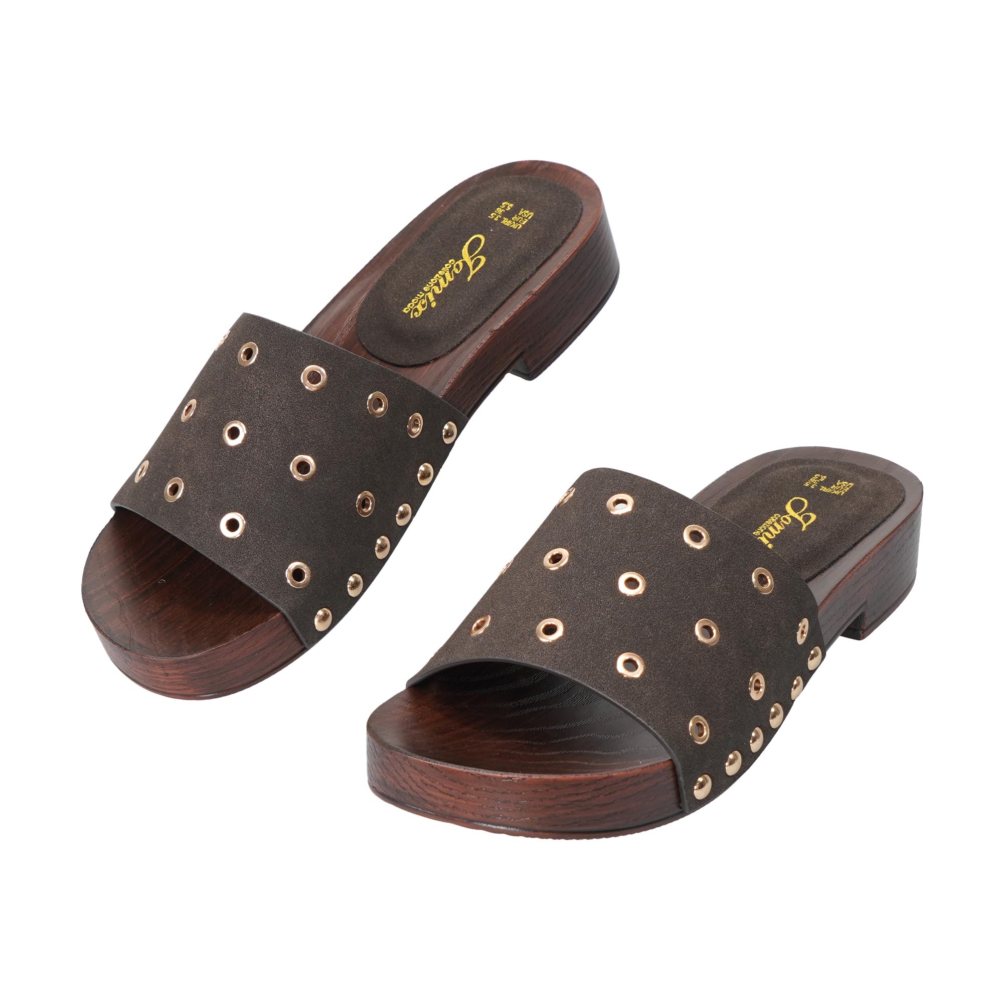 JOMIX Ciabatte Moda Donna con Borchie Sandali Bassi Estivi Effetto Legno per Mare Casa e Passeggiate Sabot Comodi Leggeri per Ragazza Taglia 36-41