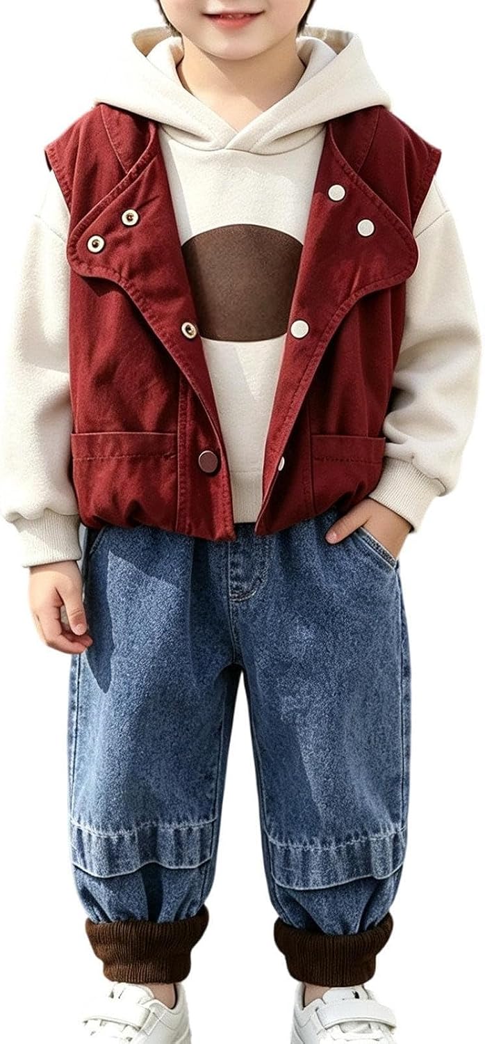Toddler Boys 3 Piece Set,Hoodie,Button Vest,Cuffed Jeans | Outdoor vacation wear | Soft layered comfy fit