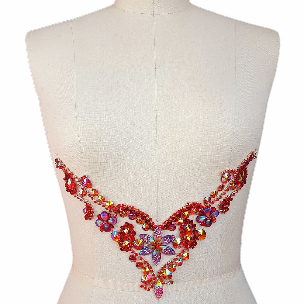 Handmade Bling Beaded Sequin 20x25cm Dazzling AB Acrylic Strass Crystal Sew on Neckline Hotfix Rhinestones Applique Sweing for DIY Wedding Dress Trim Decoration (red)